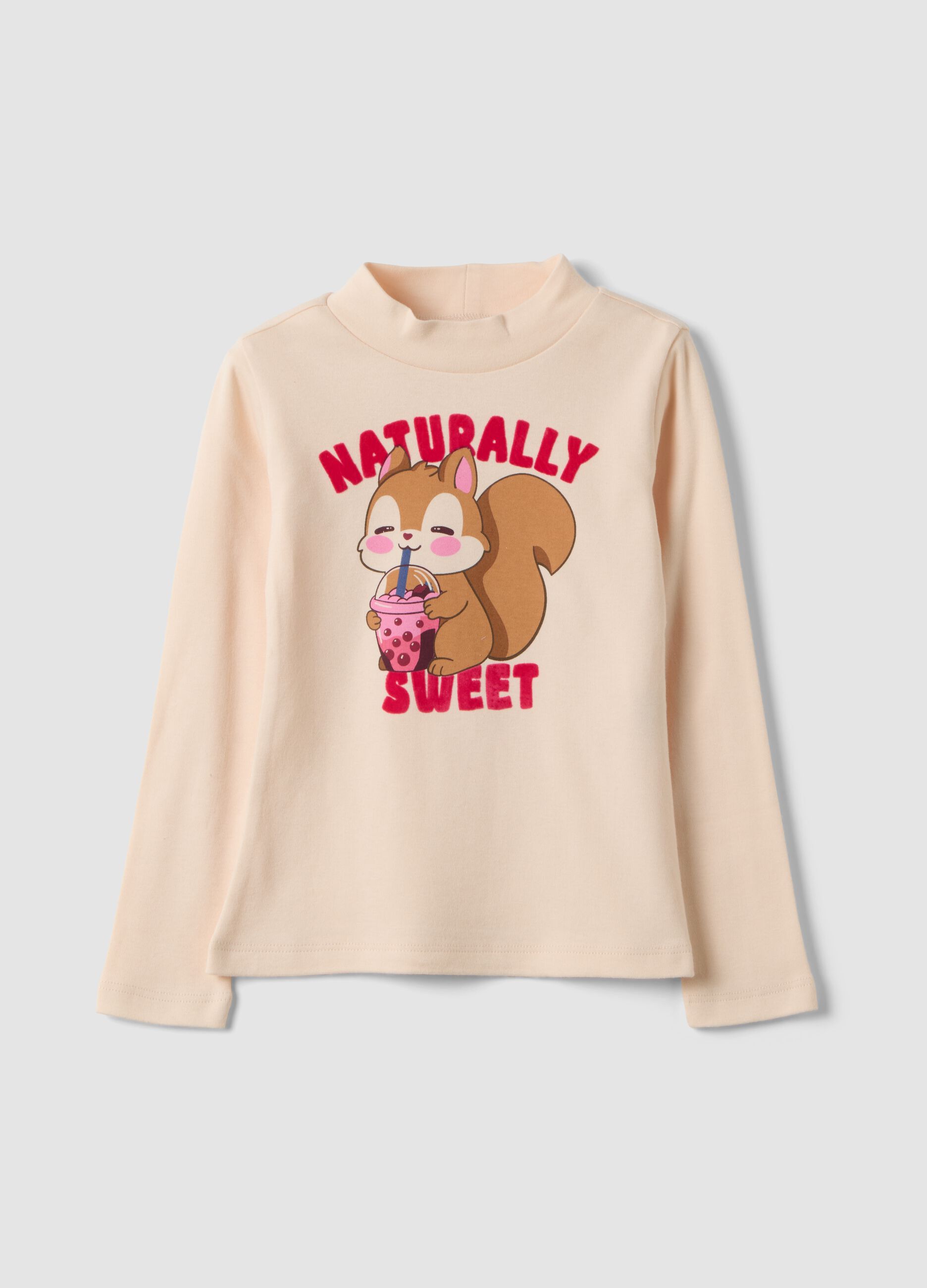 Pink long-sleeve T-shirt with high neck in pure organic cotton