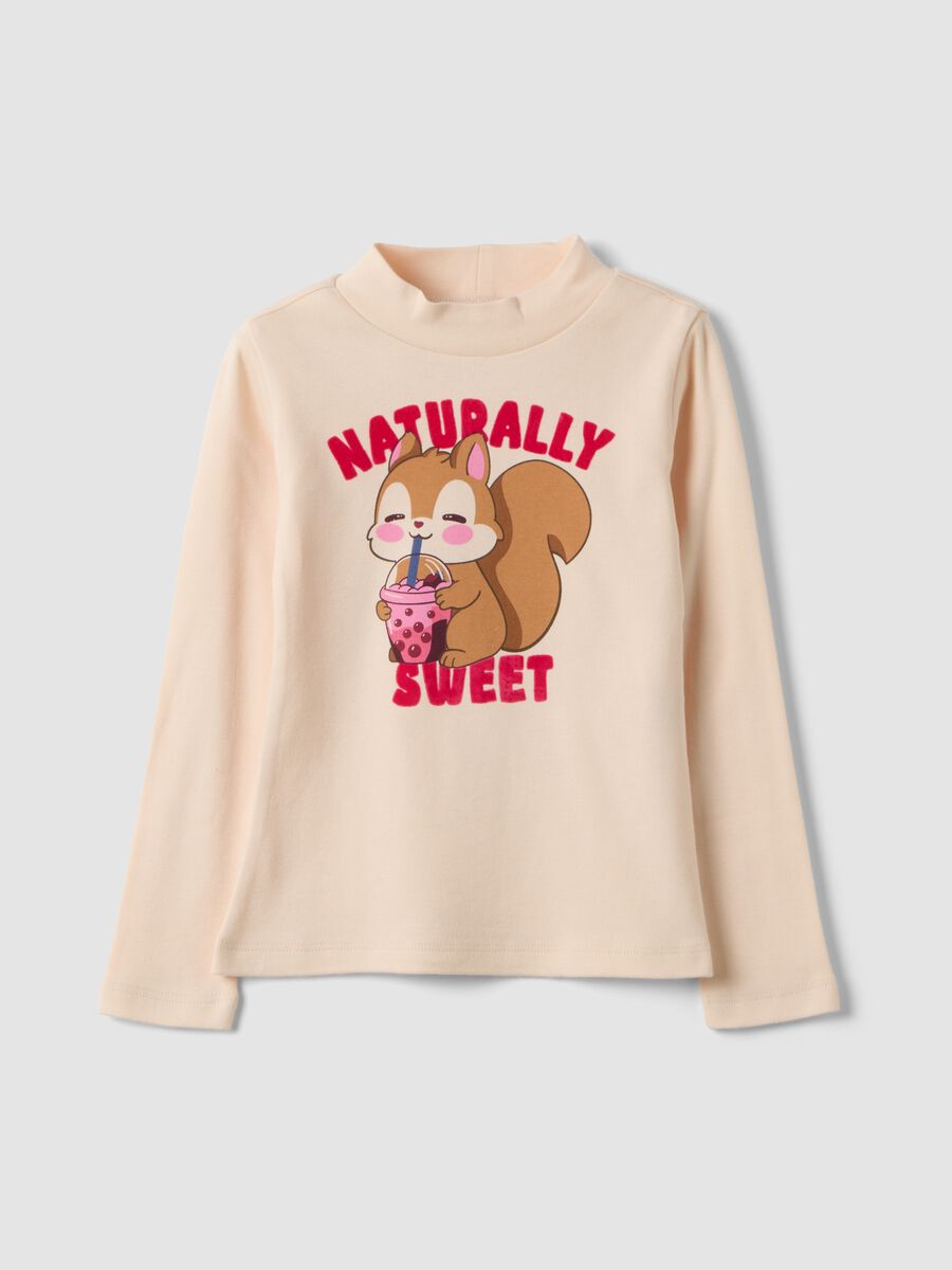 Pink long-sleeve T-shirt with high neck in pure organic cotton_0