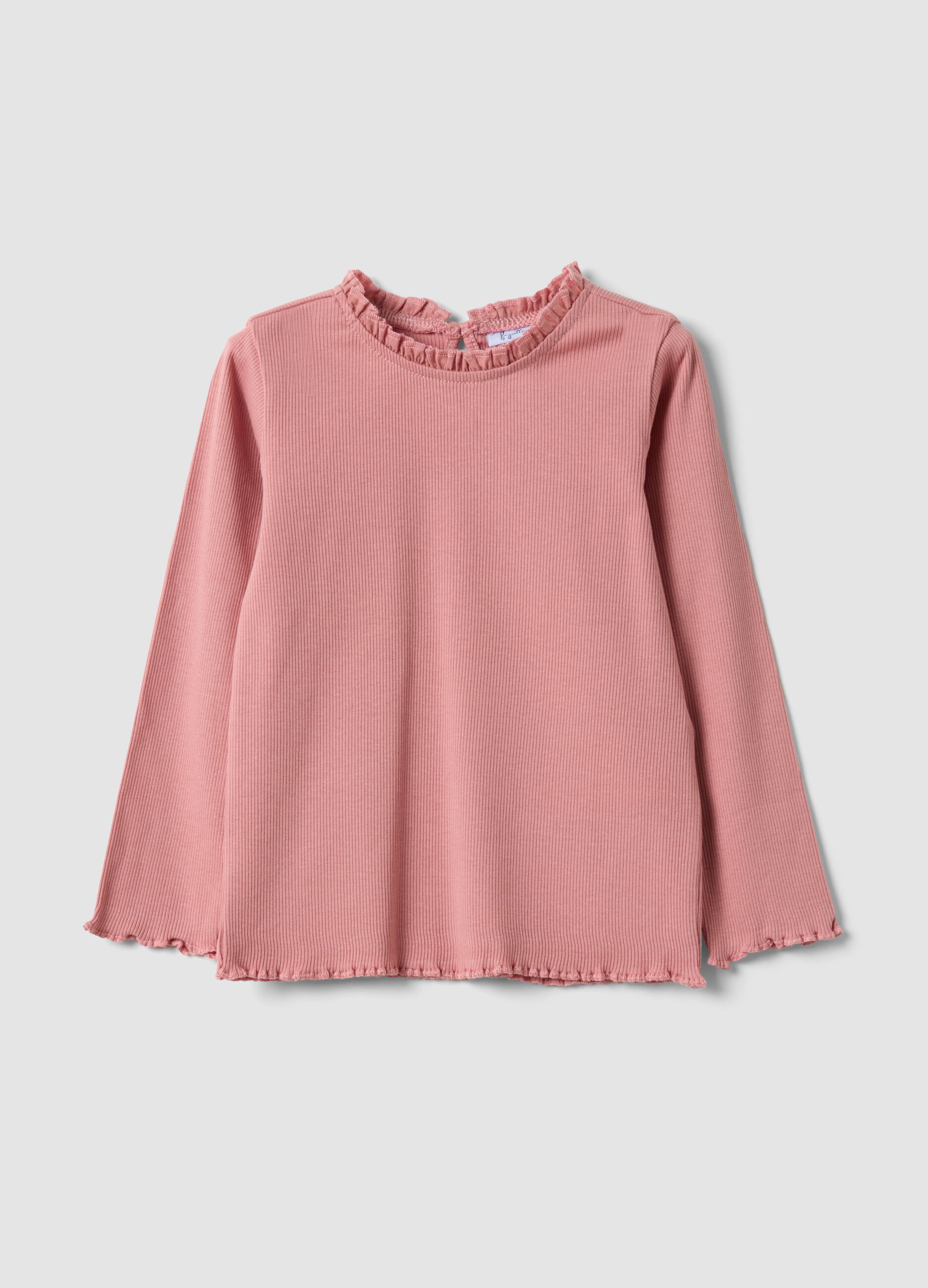 Pink ribbed crew-neck top in stretch organic cotton