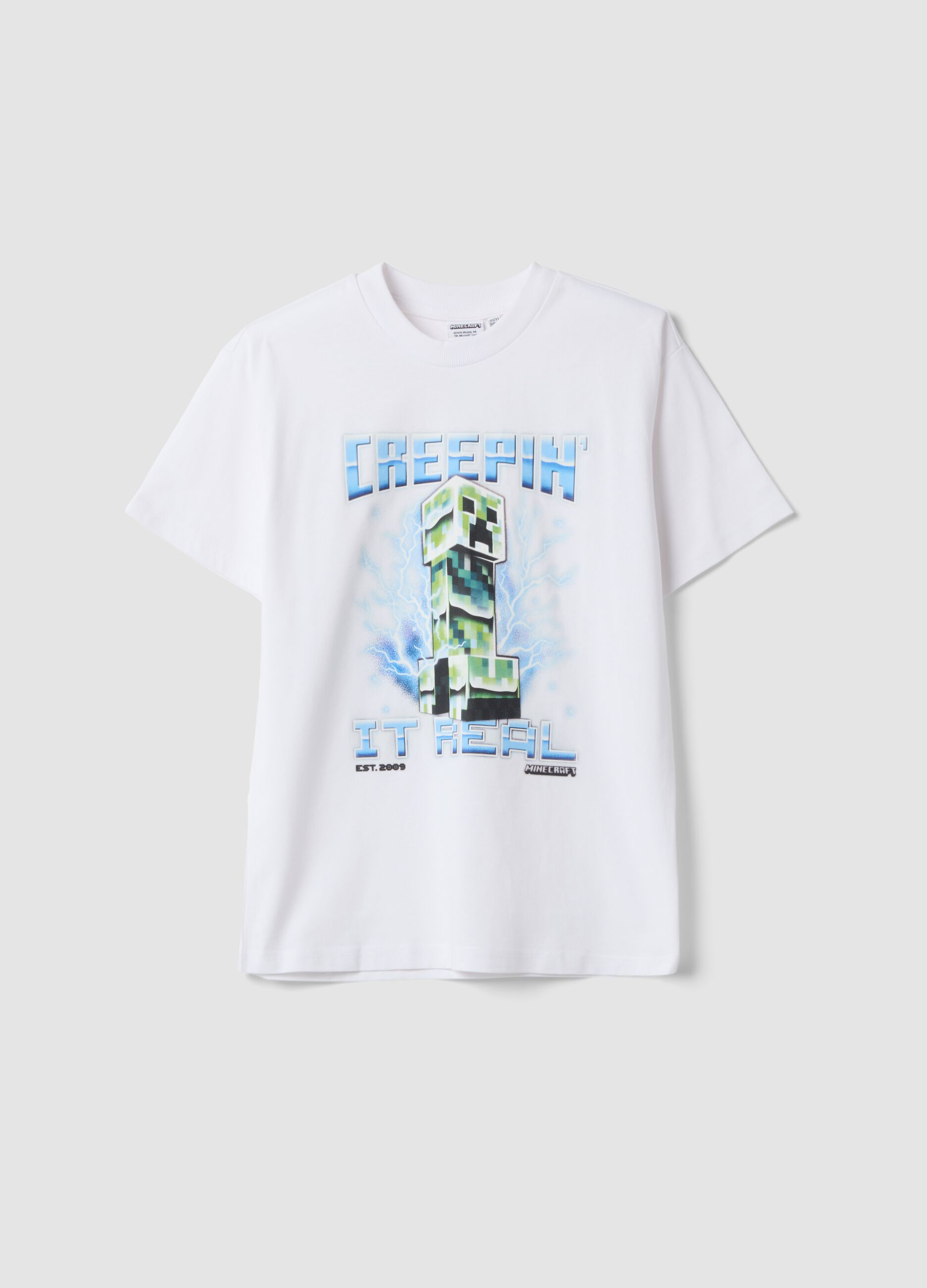 White pure cotton crew-neck T-shirt with Minecraft print