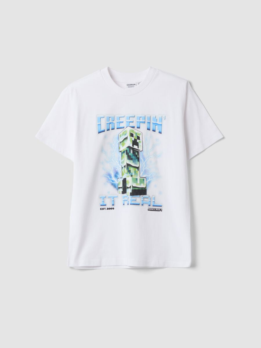 White pure cotton crew-neck T-shirt with Minecraft print_0