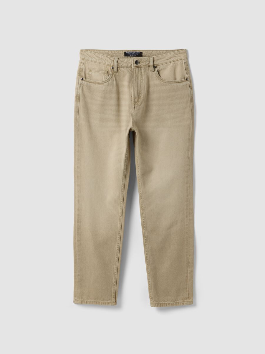 Beige cotton-lyocell blend regular tapered jeans_0