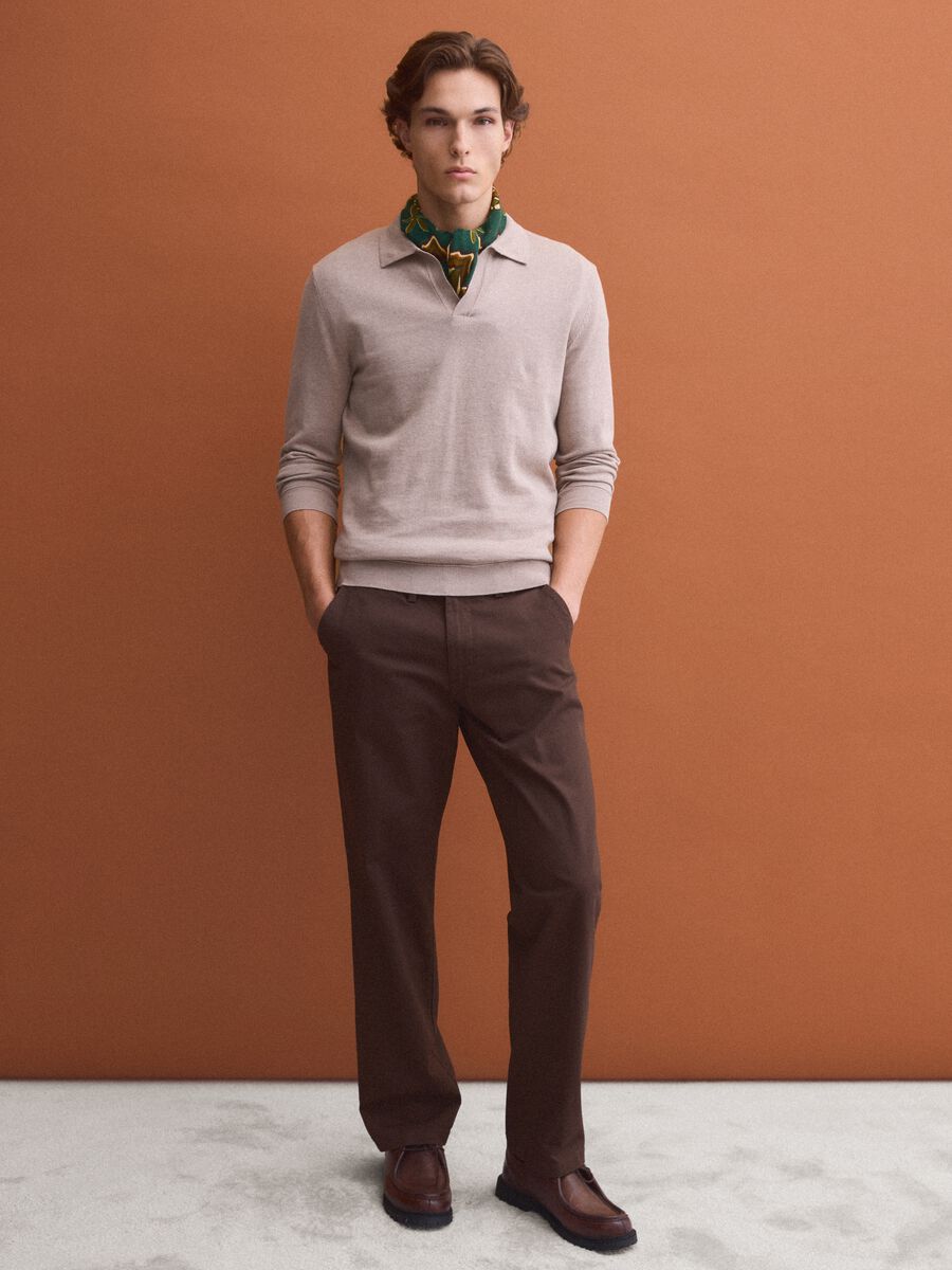 Beige long-sleeve pure cotton polo shirt_1