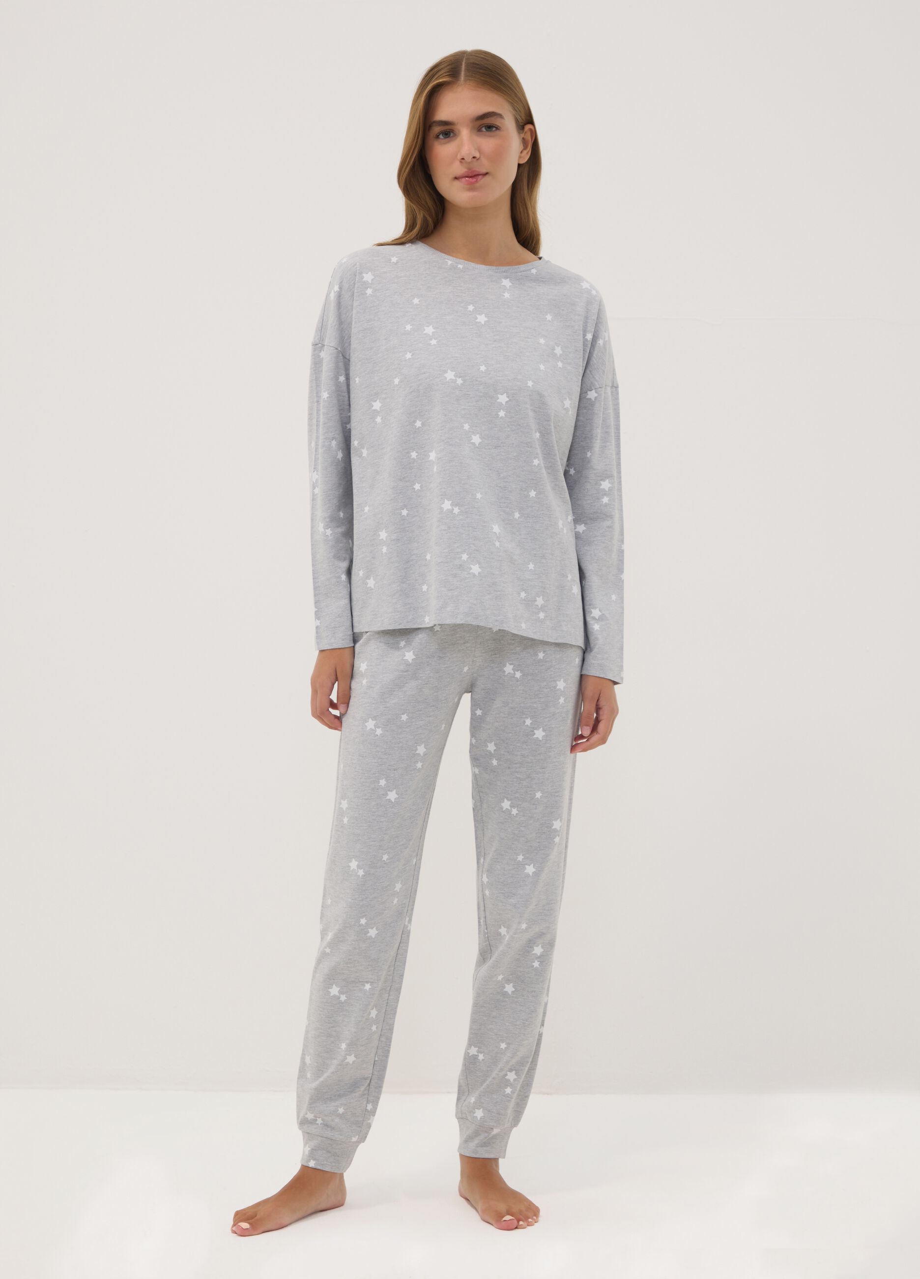 Grey crew-neck pyjamas in organic cotton and viscose blend