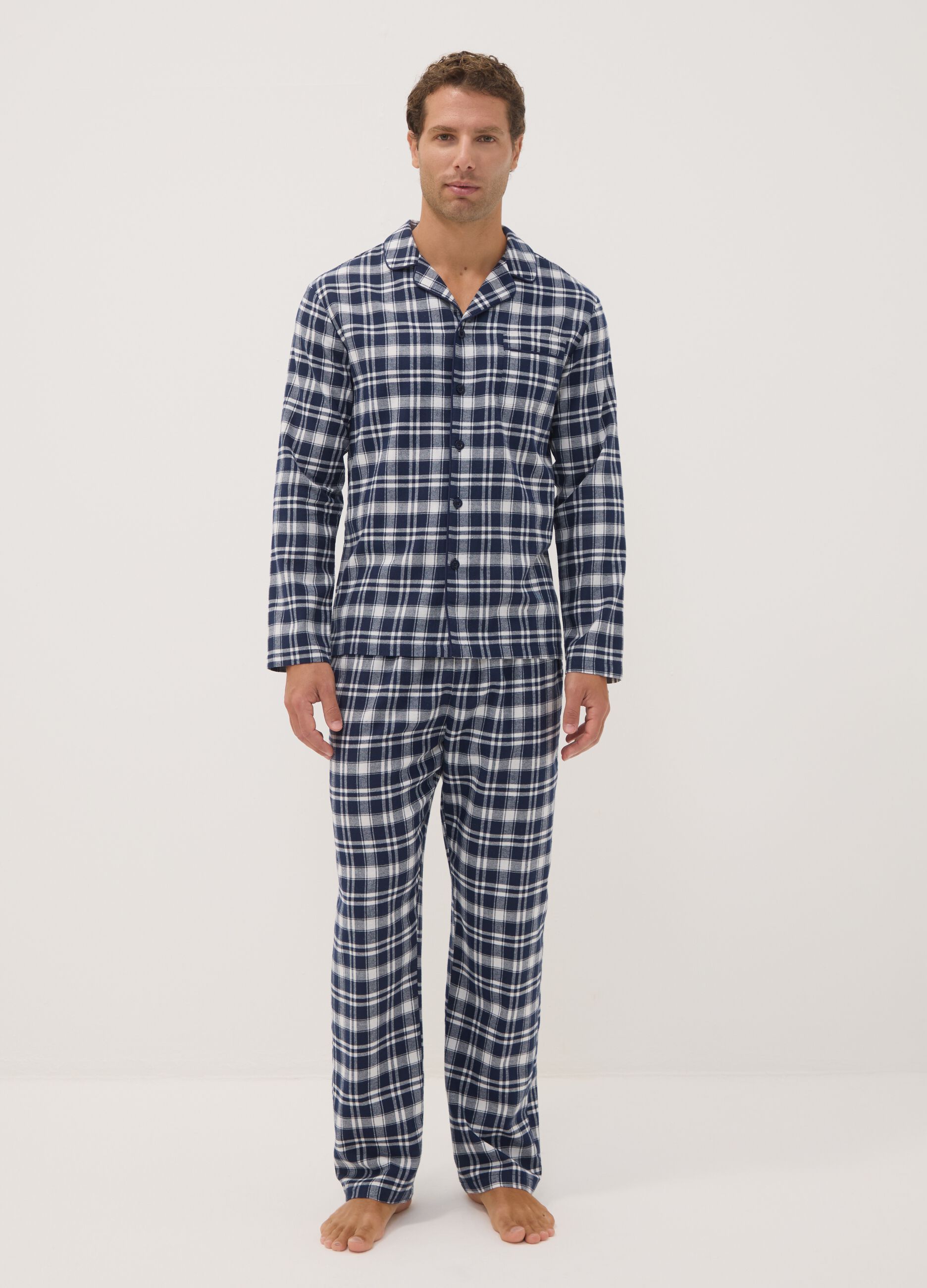 White and blue organic cotton flannel pyjamas, regular fit