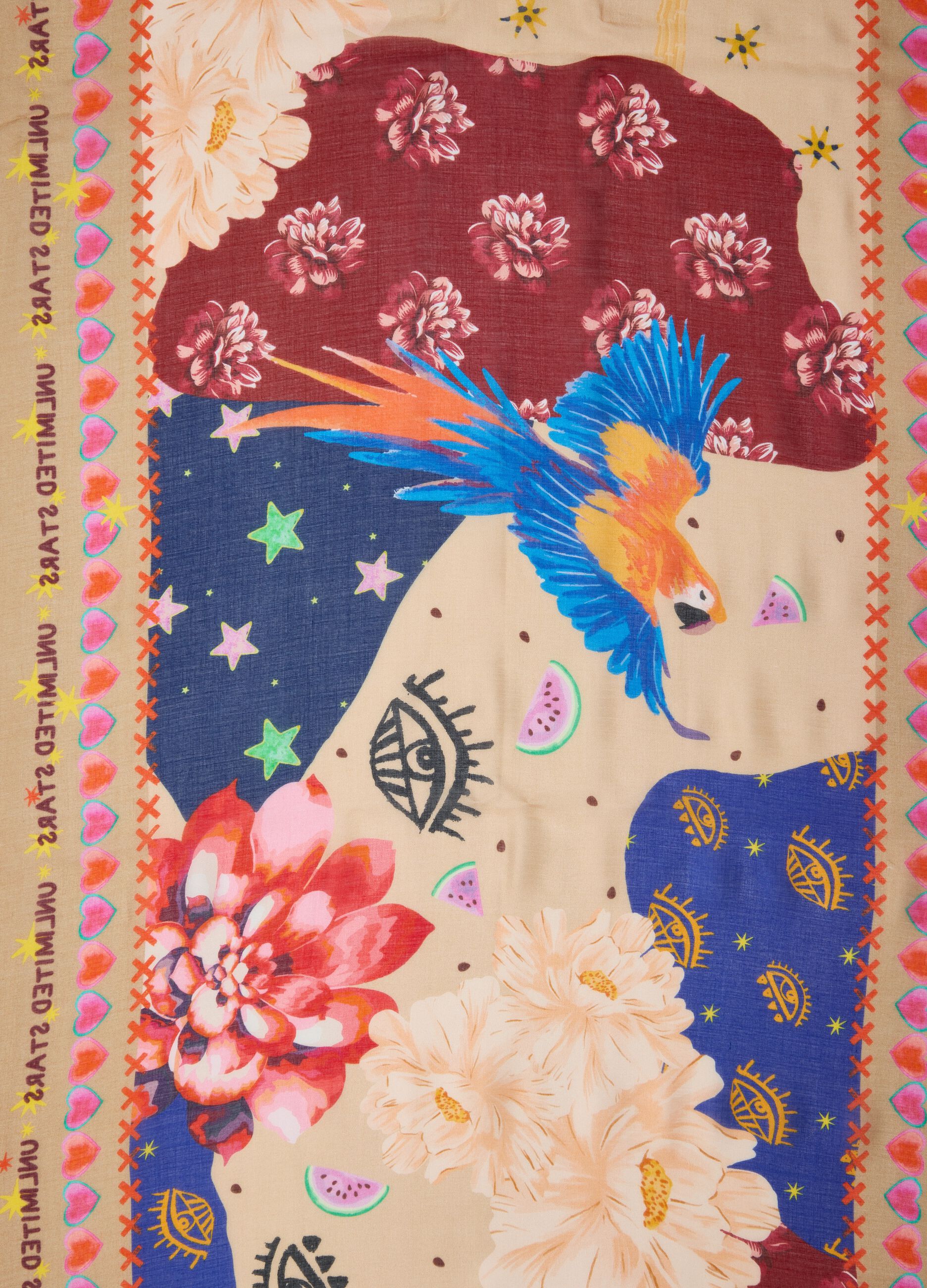 Multicoloured pure viscose patterned scarf