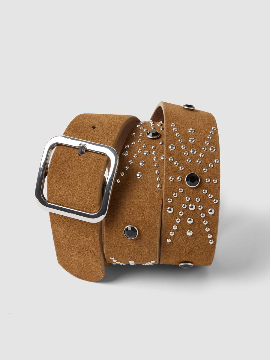 Brown genuine leather belt with studs_2
