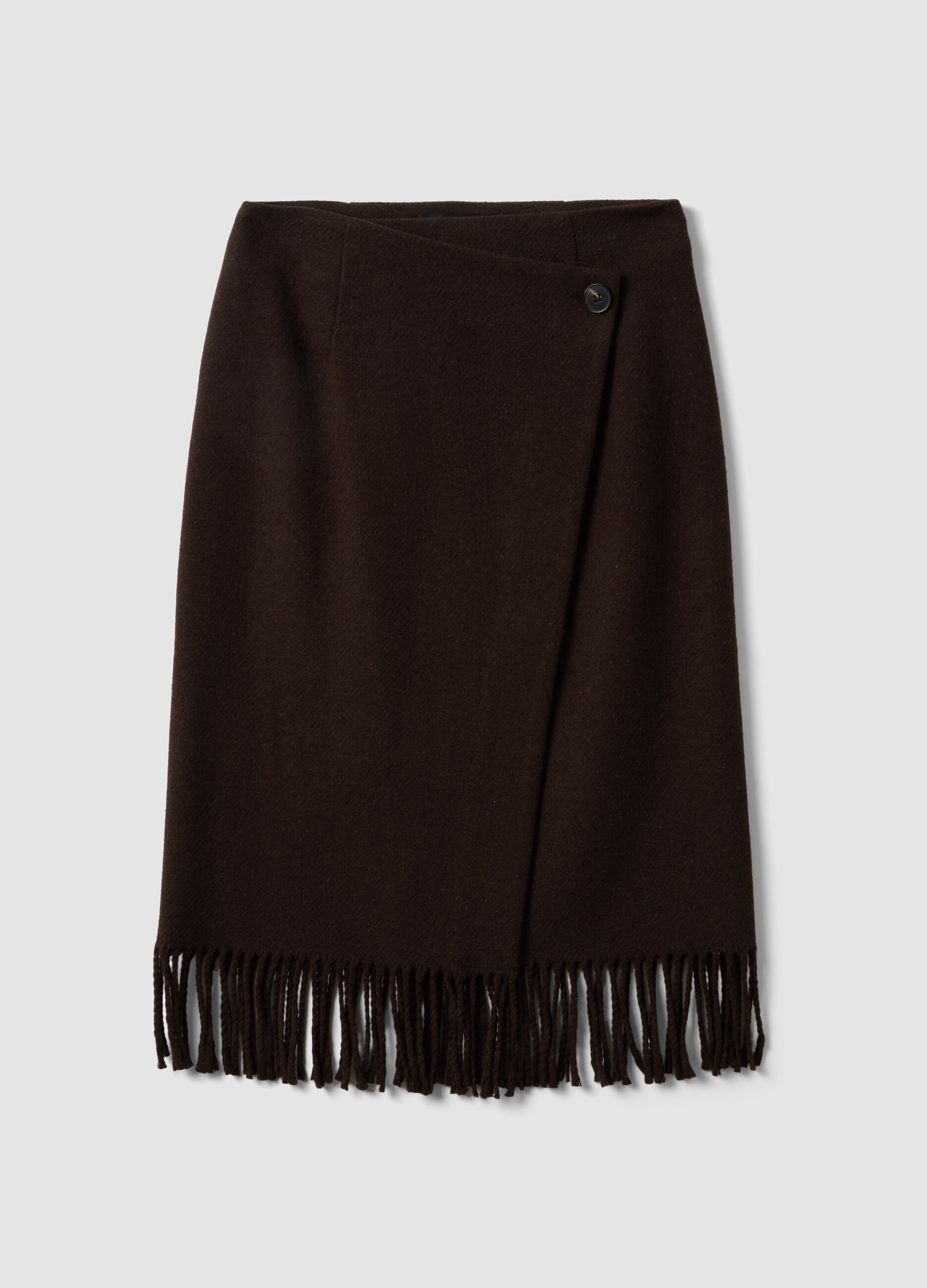 Brown viscose-wool blend skirt with fringed hem