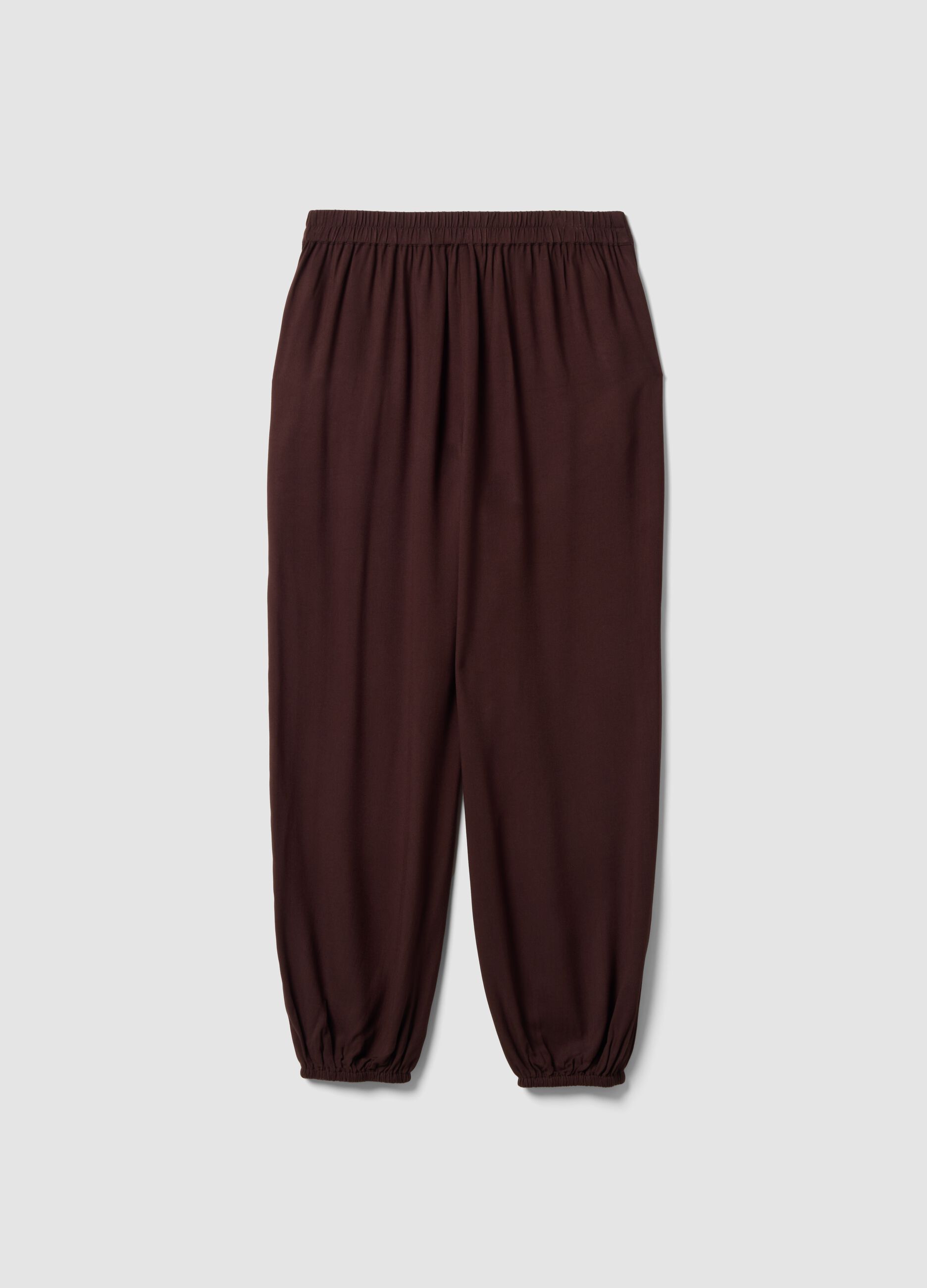 Brown pure viscose trousers with elasticated cuffs, regular fit