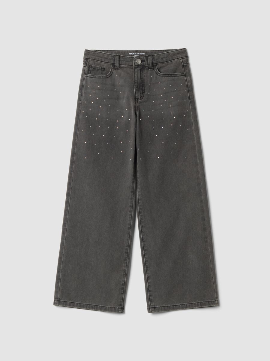 Grey wide-leg pure cotton jeans with rhinestones_0