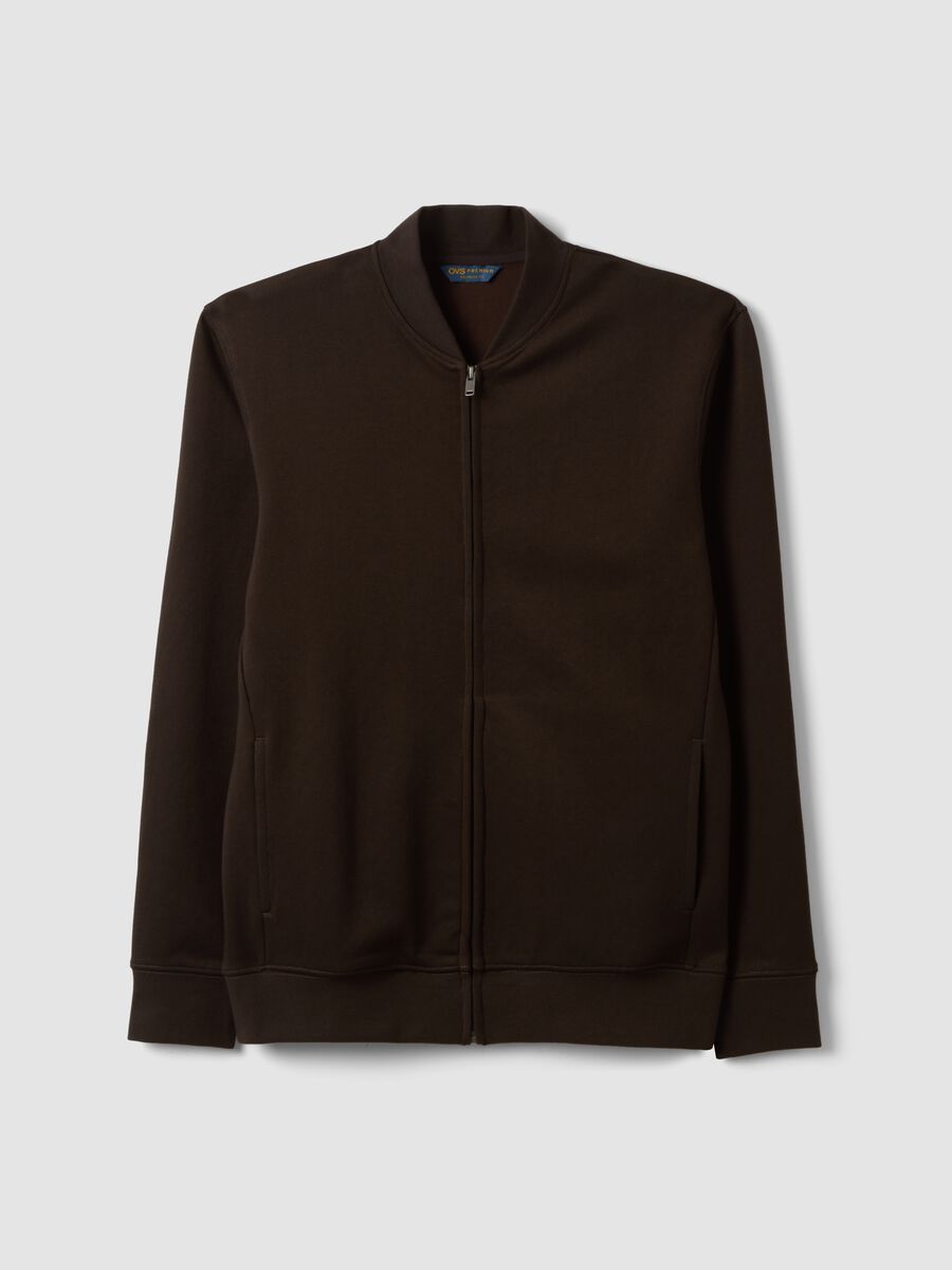 Brown full-zip sweatshirt in stretch piqu&eacute; with ribbed collar_4