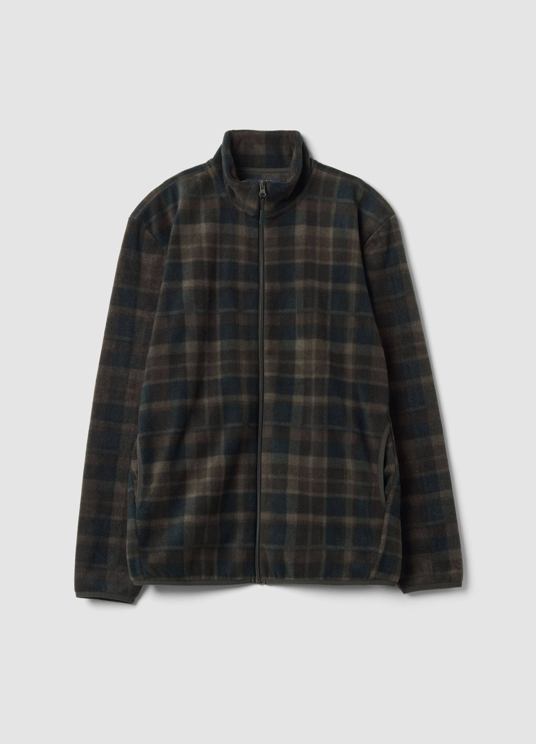 Green checked fleece sweatshirt with regular-fit collar