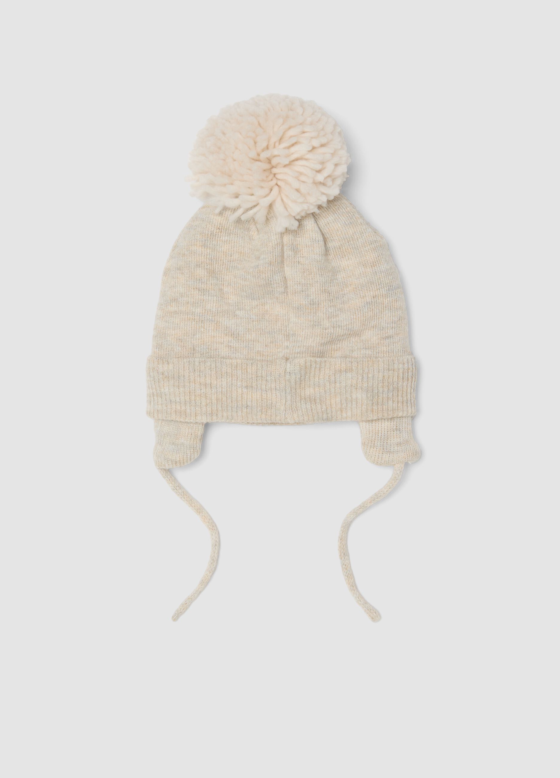 Cappello beige melange in misto lana con pompon