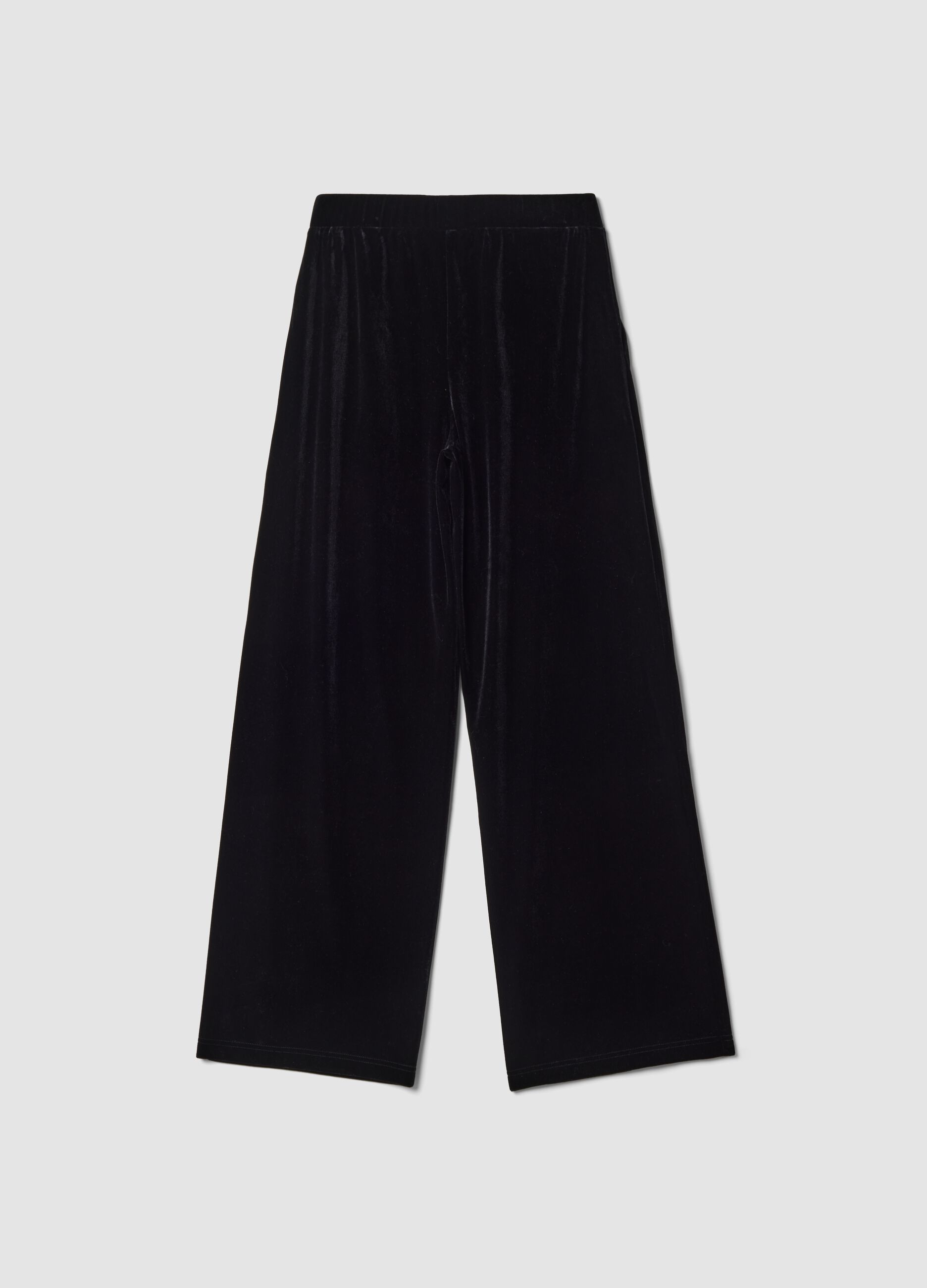 Pantaloni neri wide leg in tessuto velour elasticizzato