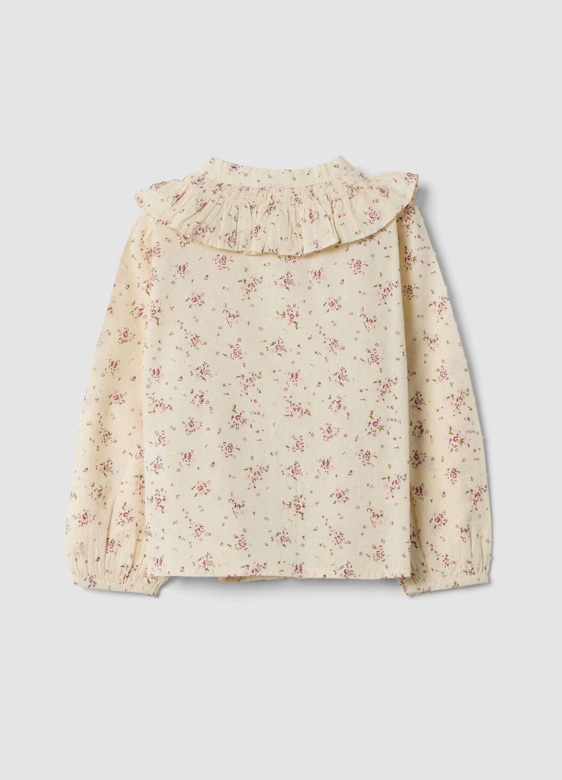 Camicia crema in puro cotone con stampa floreale rosa chiaro e verde oliva