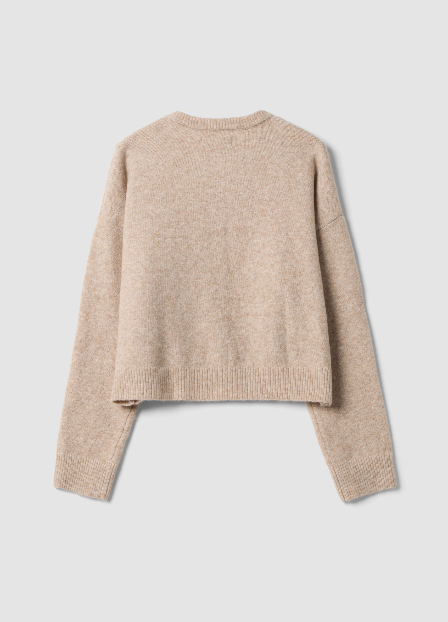 Beige stretch fabric crew-neck oversized cardigan