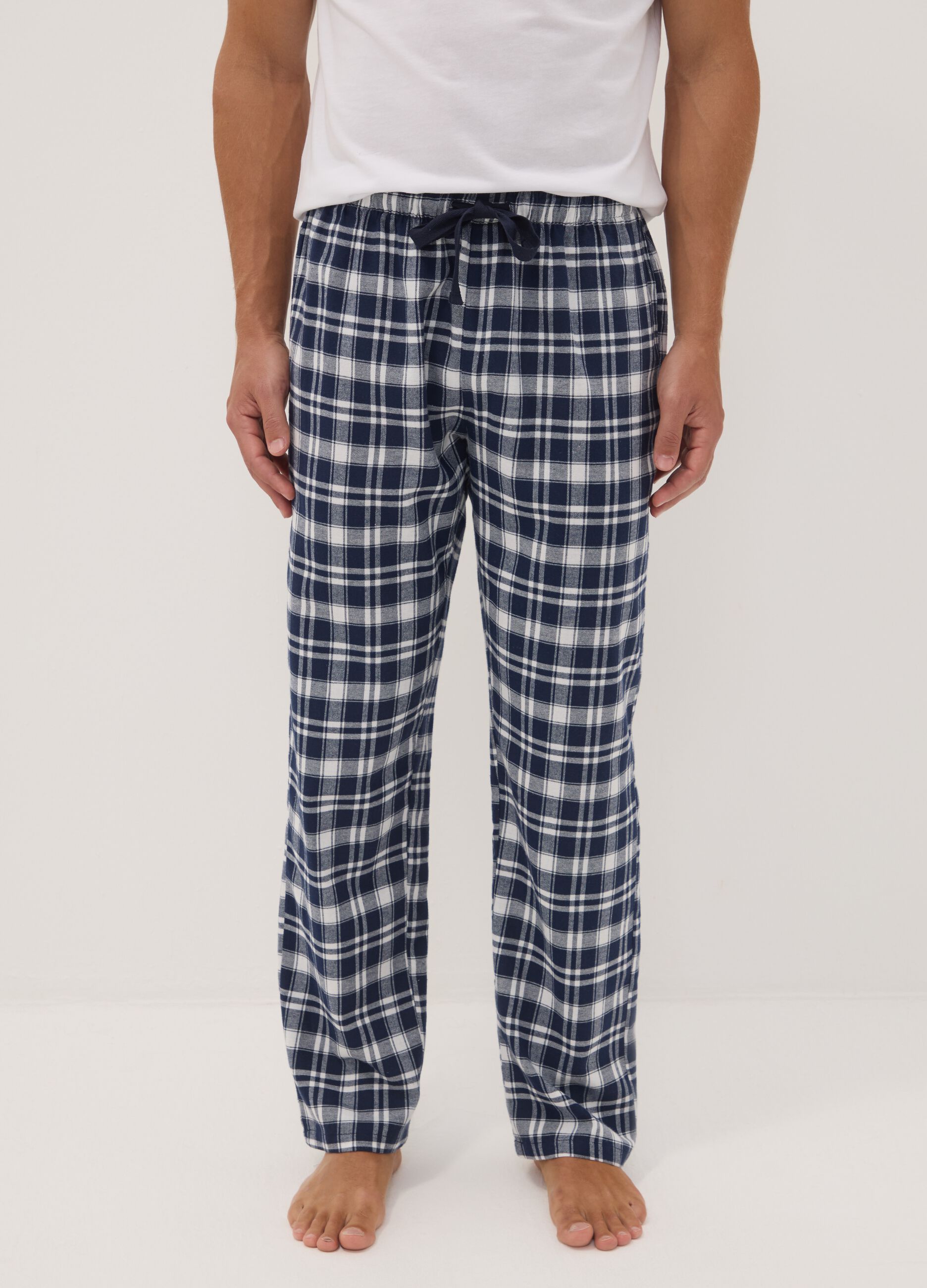 White and blue checked organic cotton flannel pyjama trousers