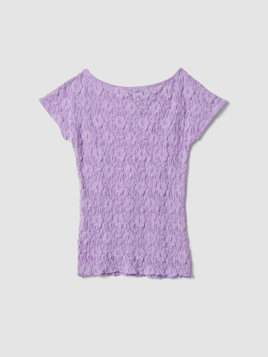 Purple stretch T-shirt with embossed floral texture_5