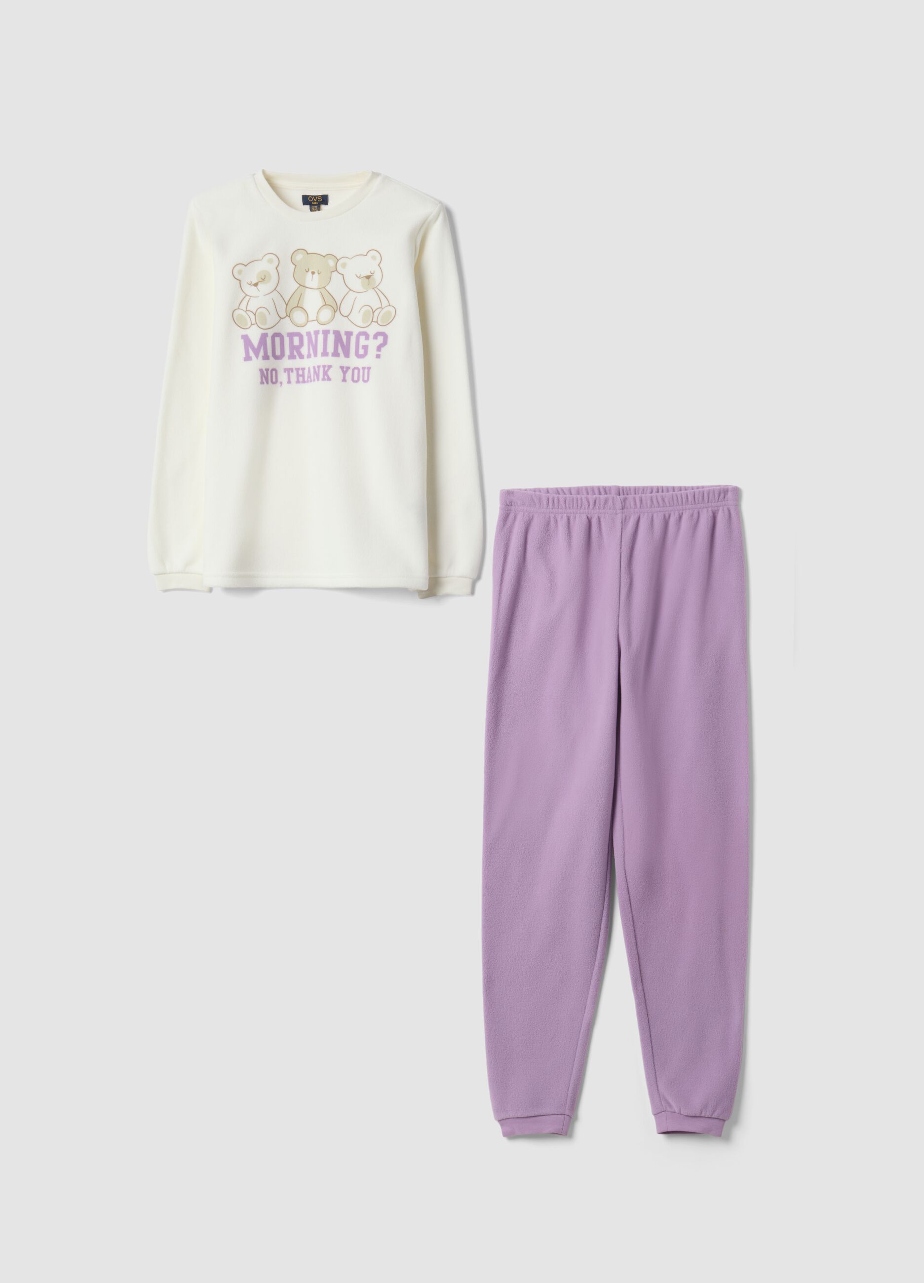 Purple crew-neck pyjamas with teddy bear print