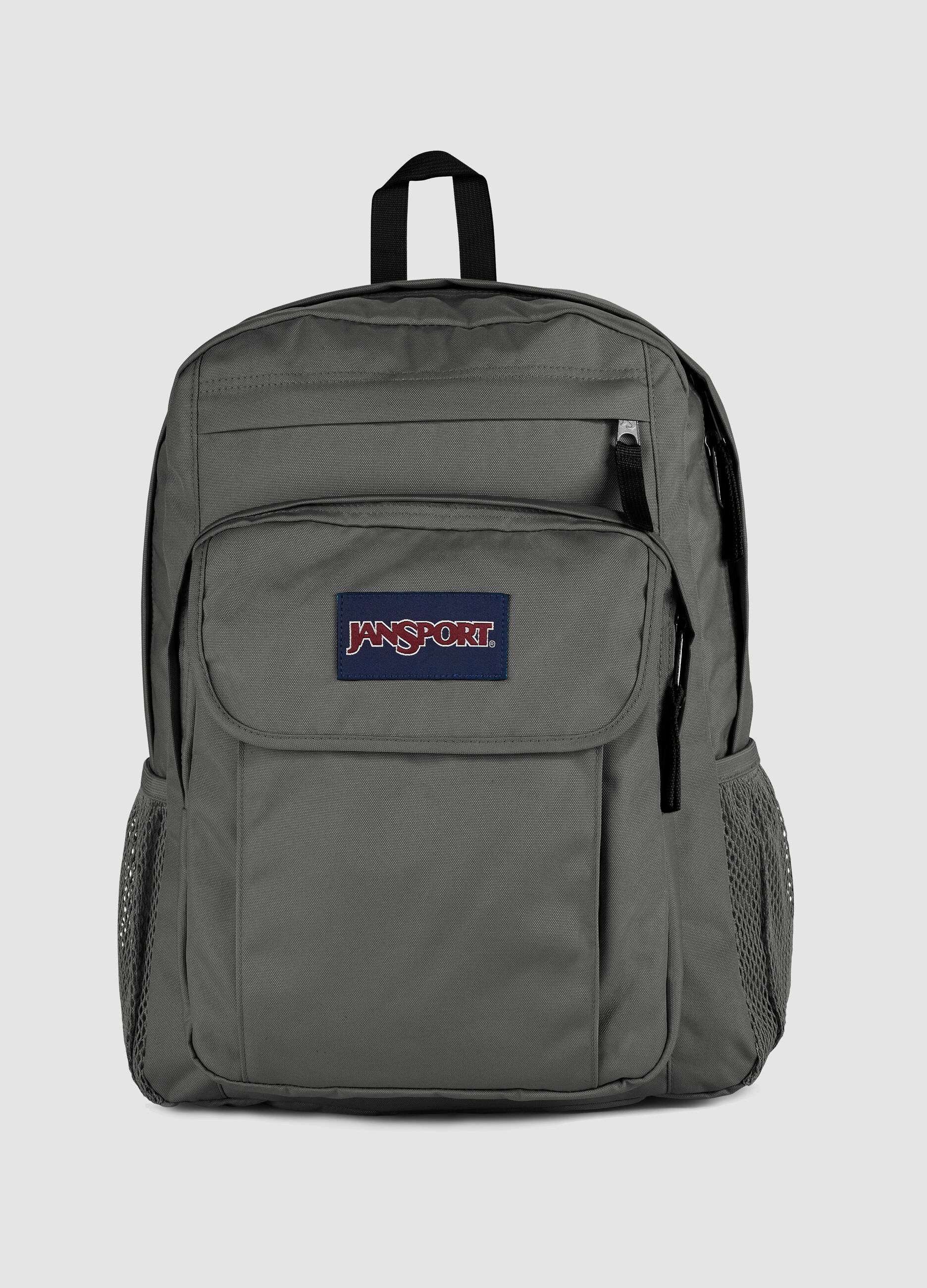 Grey backpack with front pocket and detailing