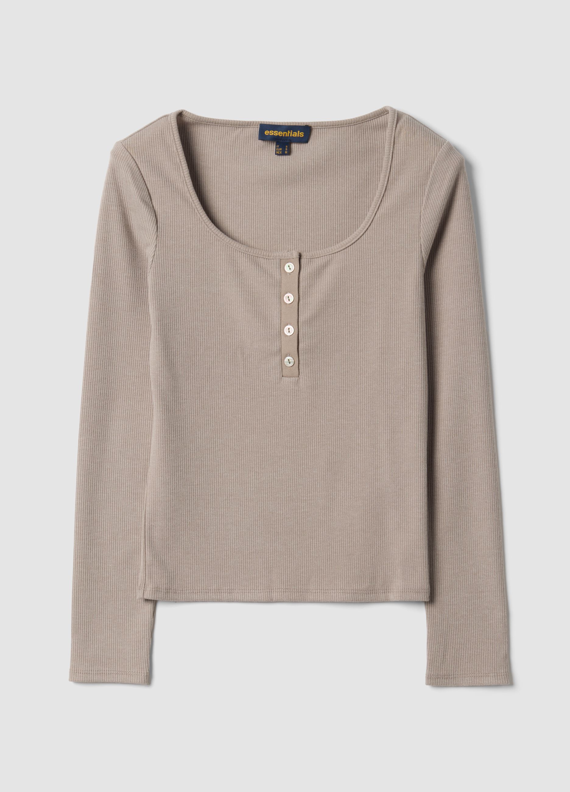 Beige stretch viscose crew-neck T-shirt