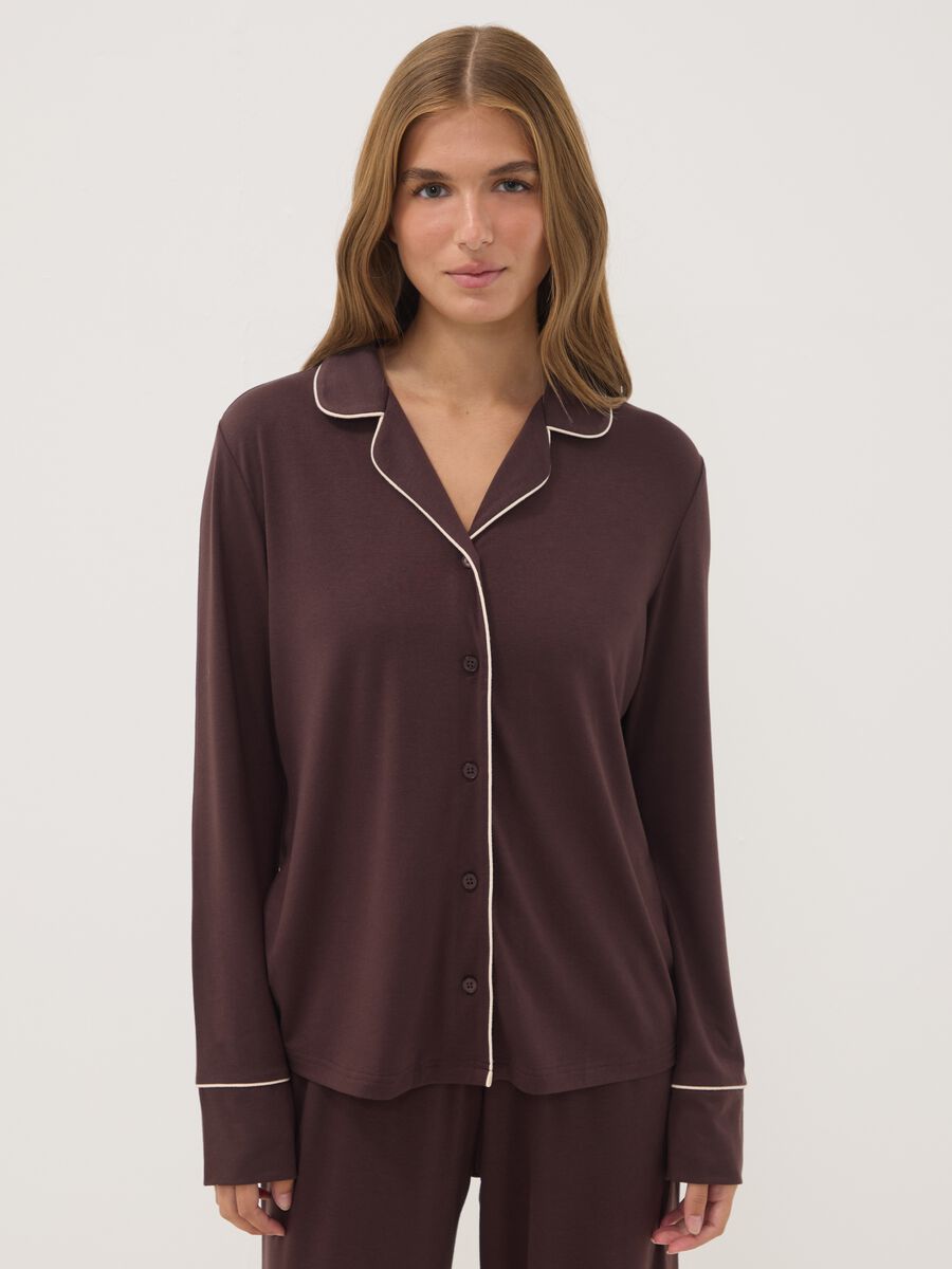 Brown stretch viscose pyjamas with V-neck_1