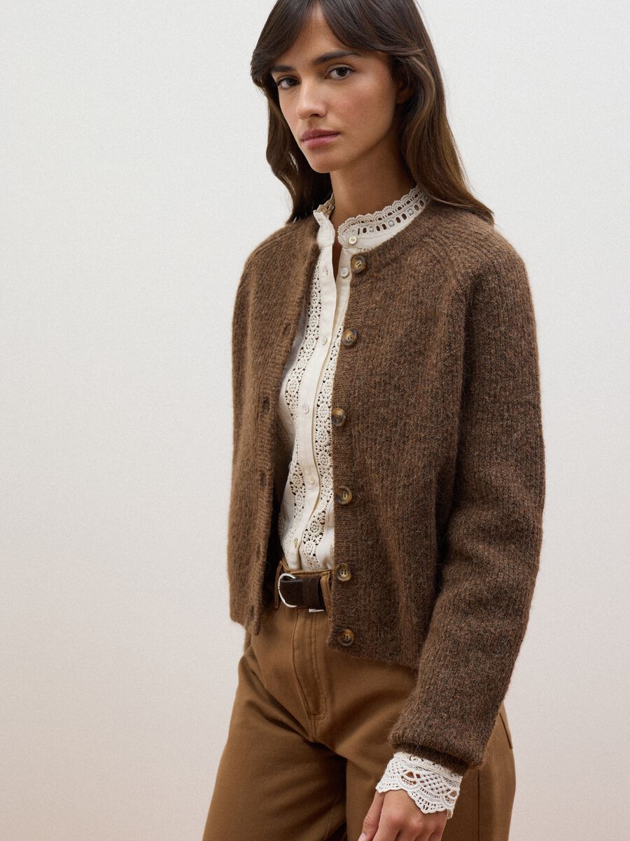 Brown stretchy wool and alpaca crew-neck cardigan_2