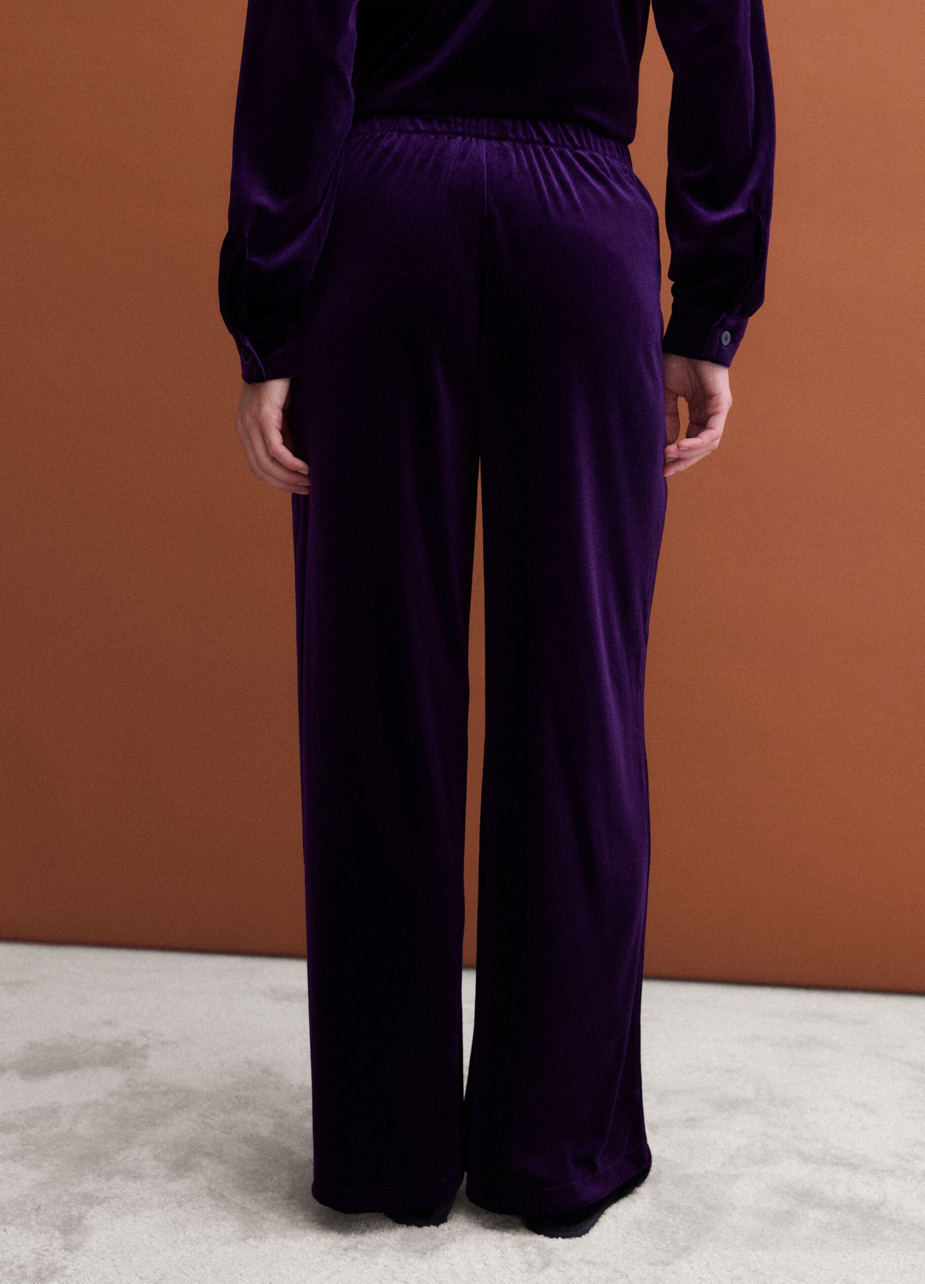 Purple wide-leg trousers in stretch velvet-effect fabric
