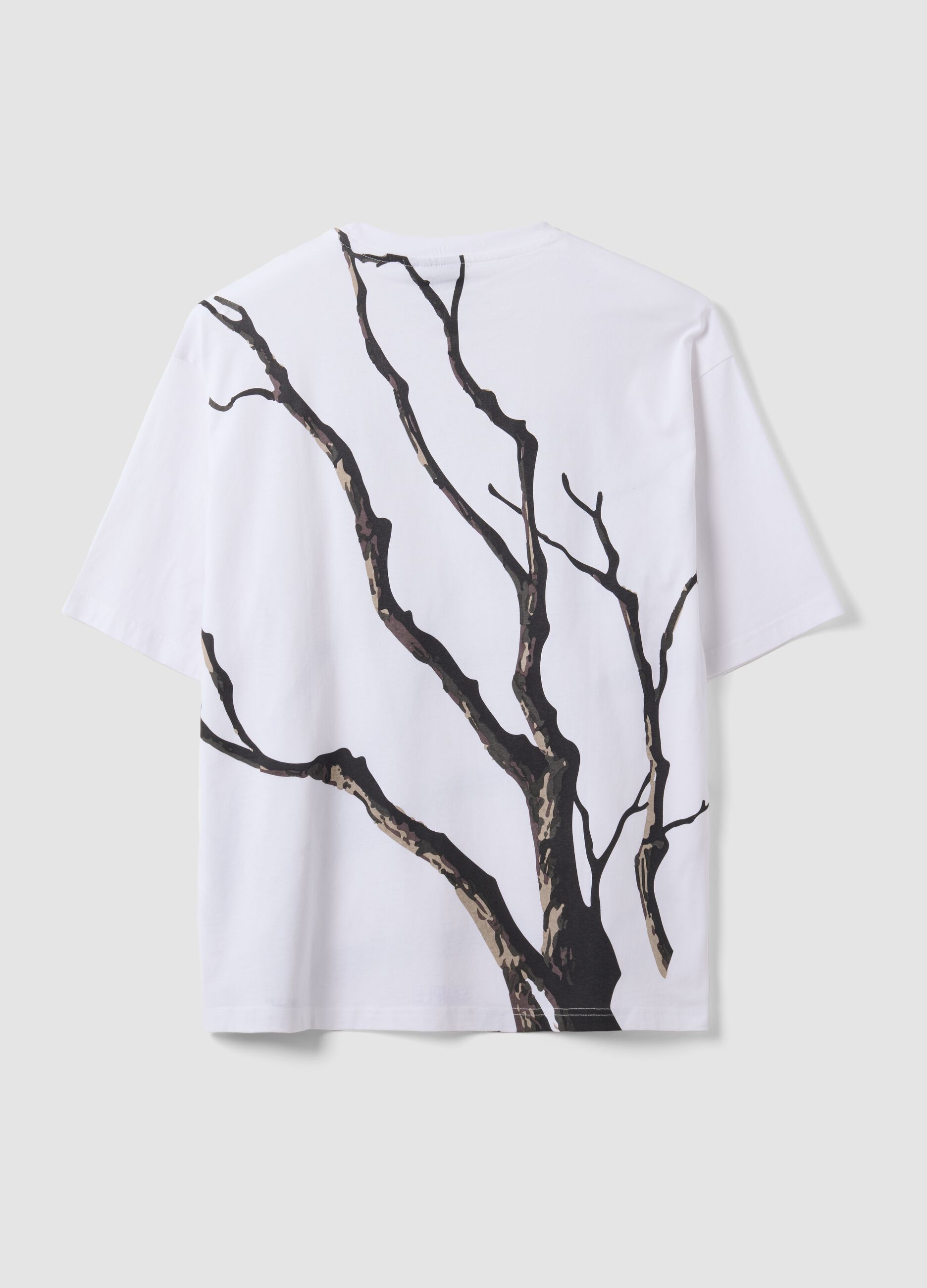 White pure cotton T-shirt with foliage print