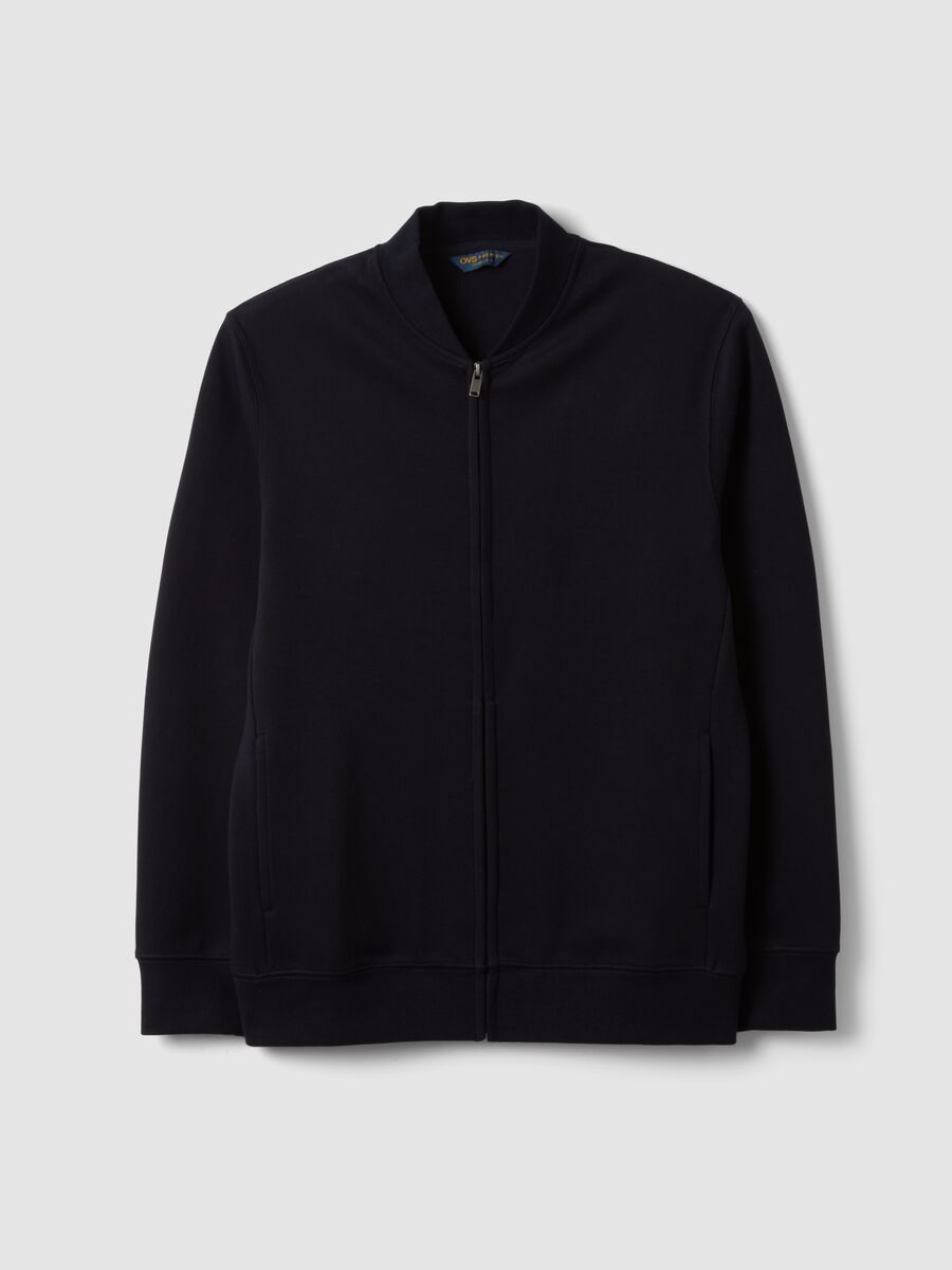 Navy full-zip sweatshirt in stretch piqu&eacute; with ribbed collar_0