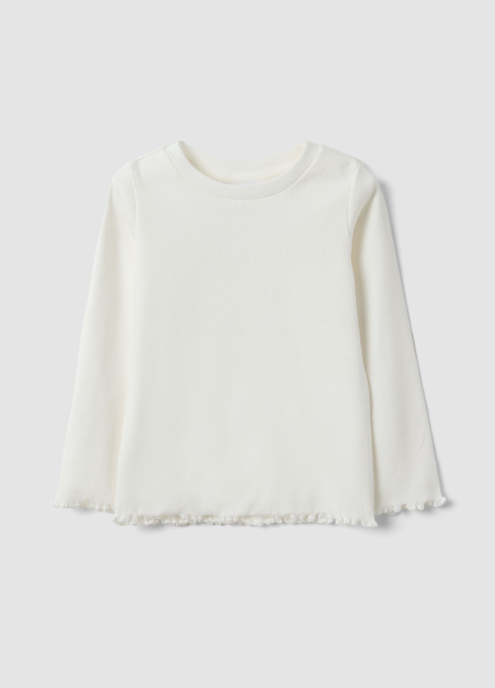 White slim-fit ribbed stretch cotton T-shirt for baby girl