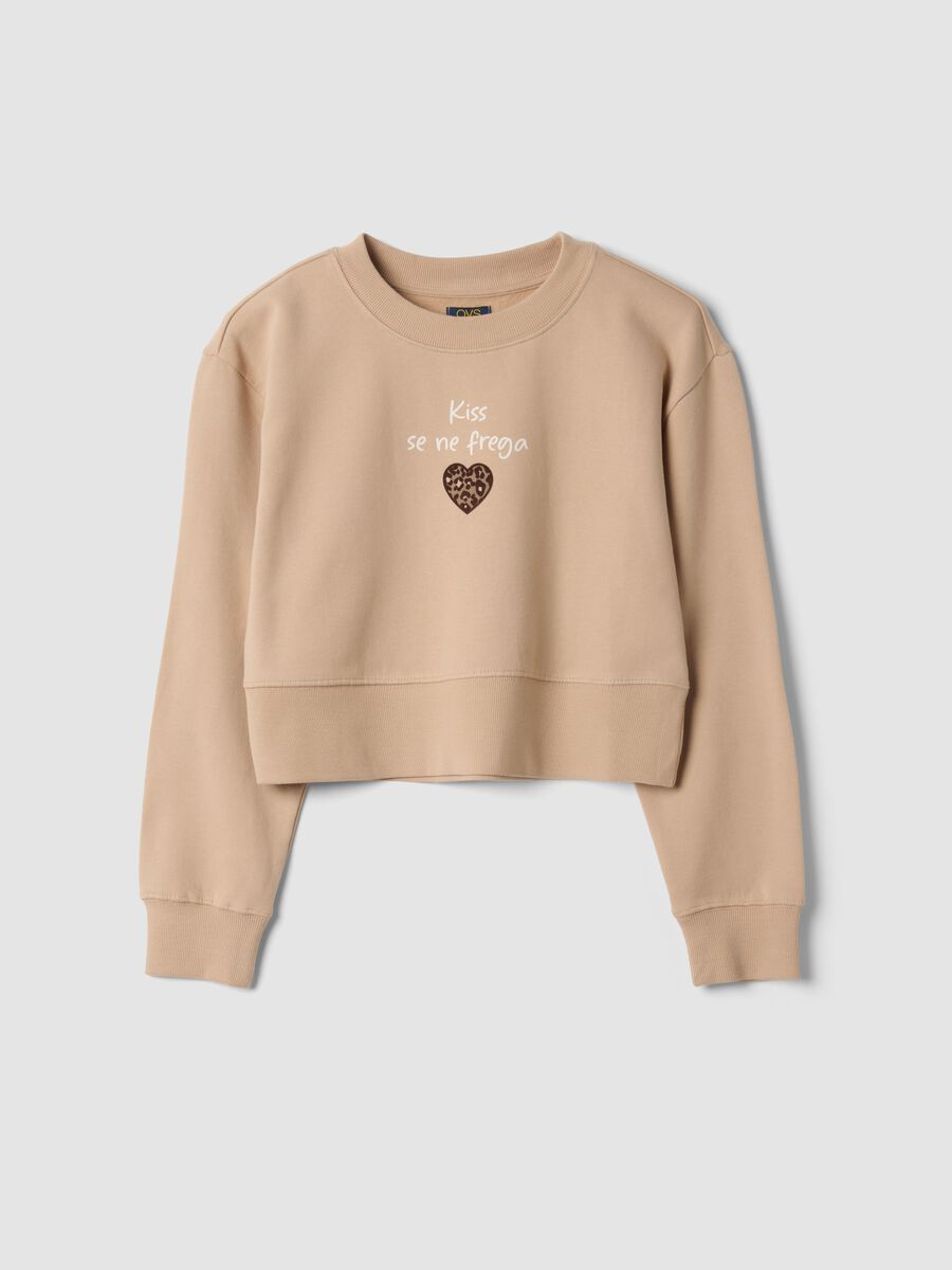 Beige sweatshirt in pure organic cotton with ribbed neckline_0