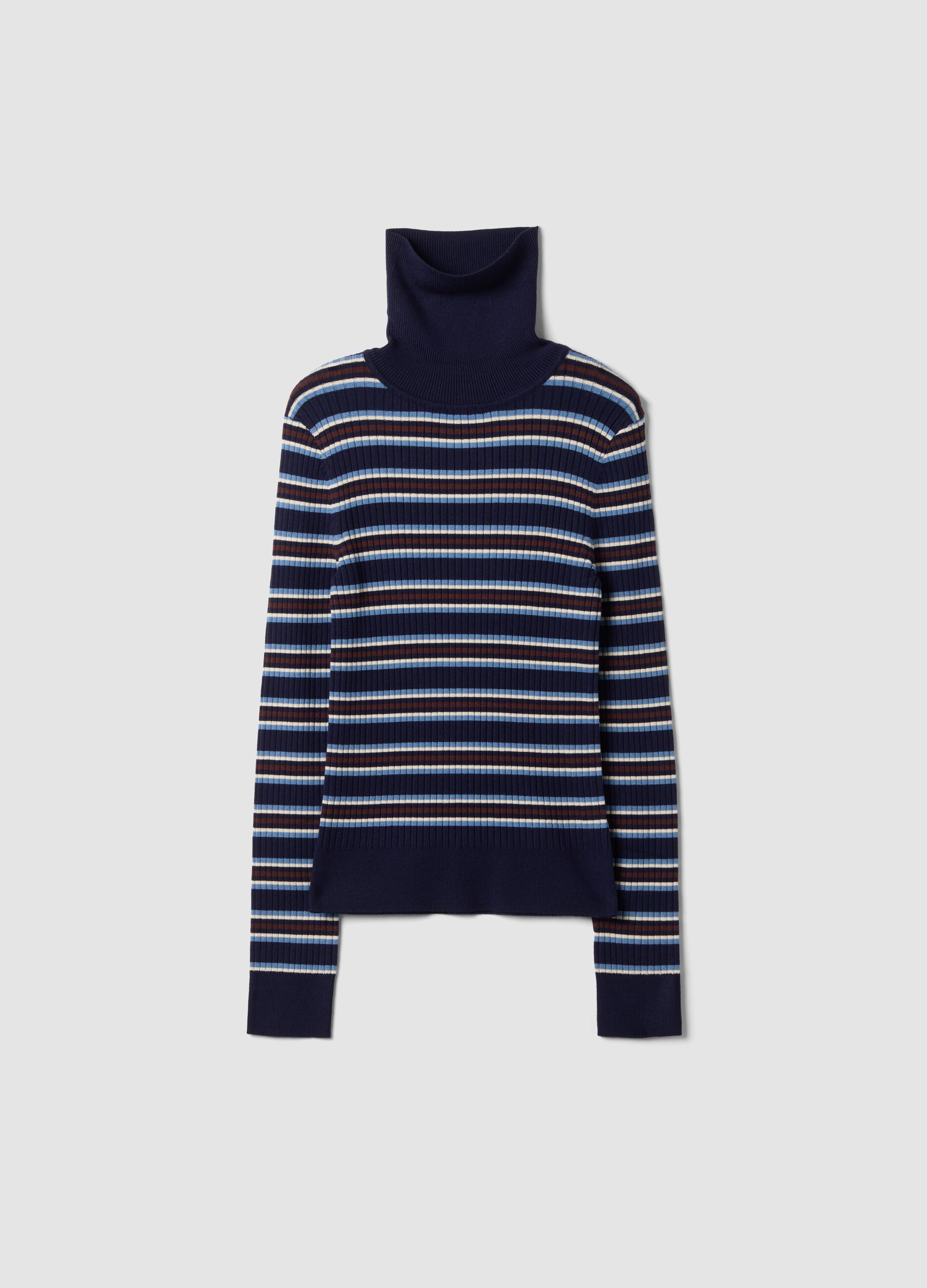 Blue striped fitted crew-neck top in viscose blend