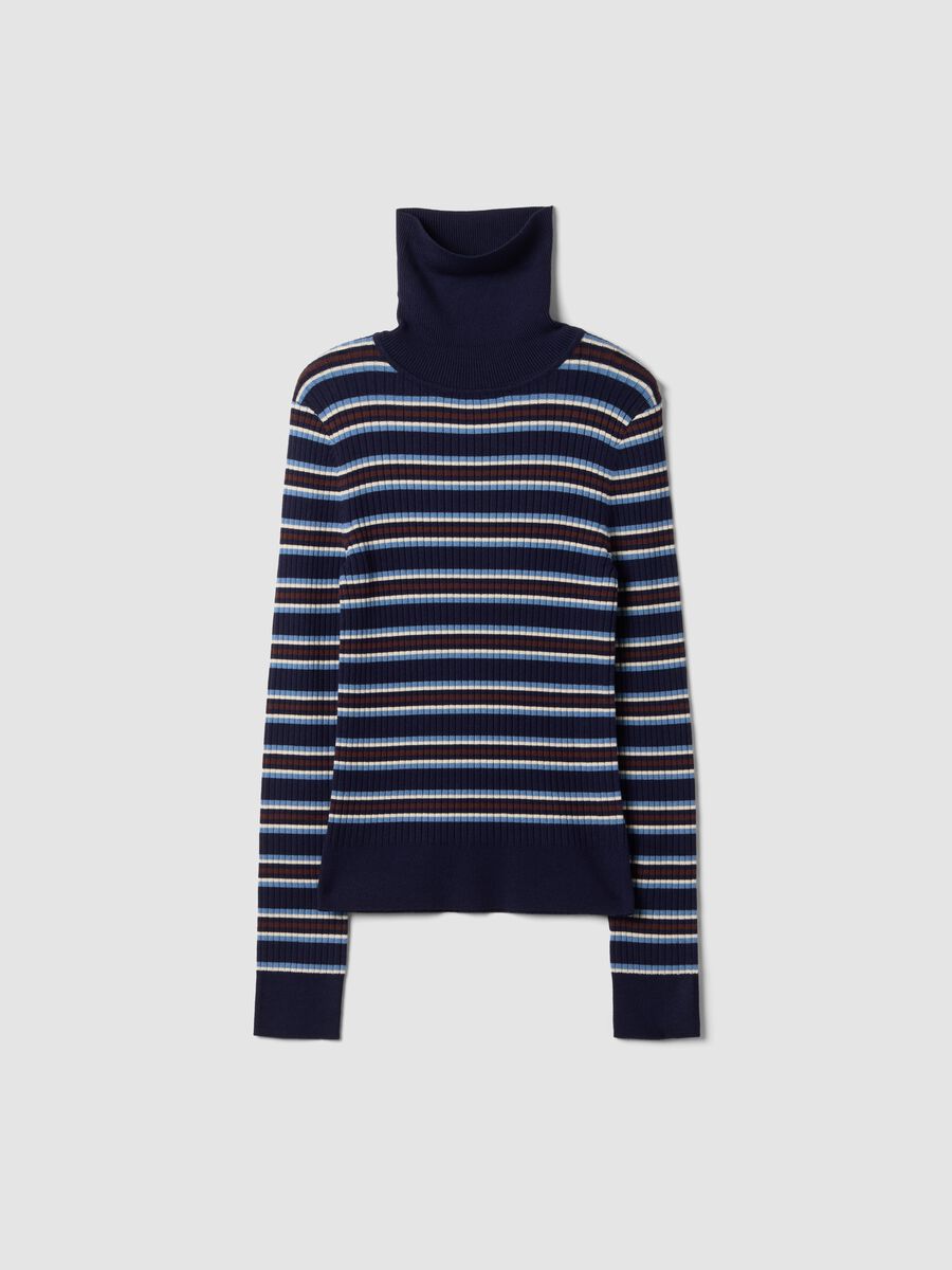 Blue striped fitted crew-neck top in viscose blend_0