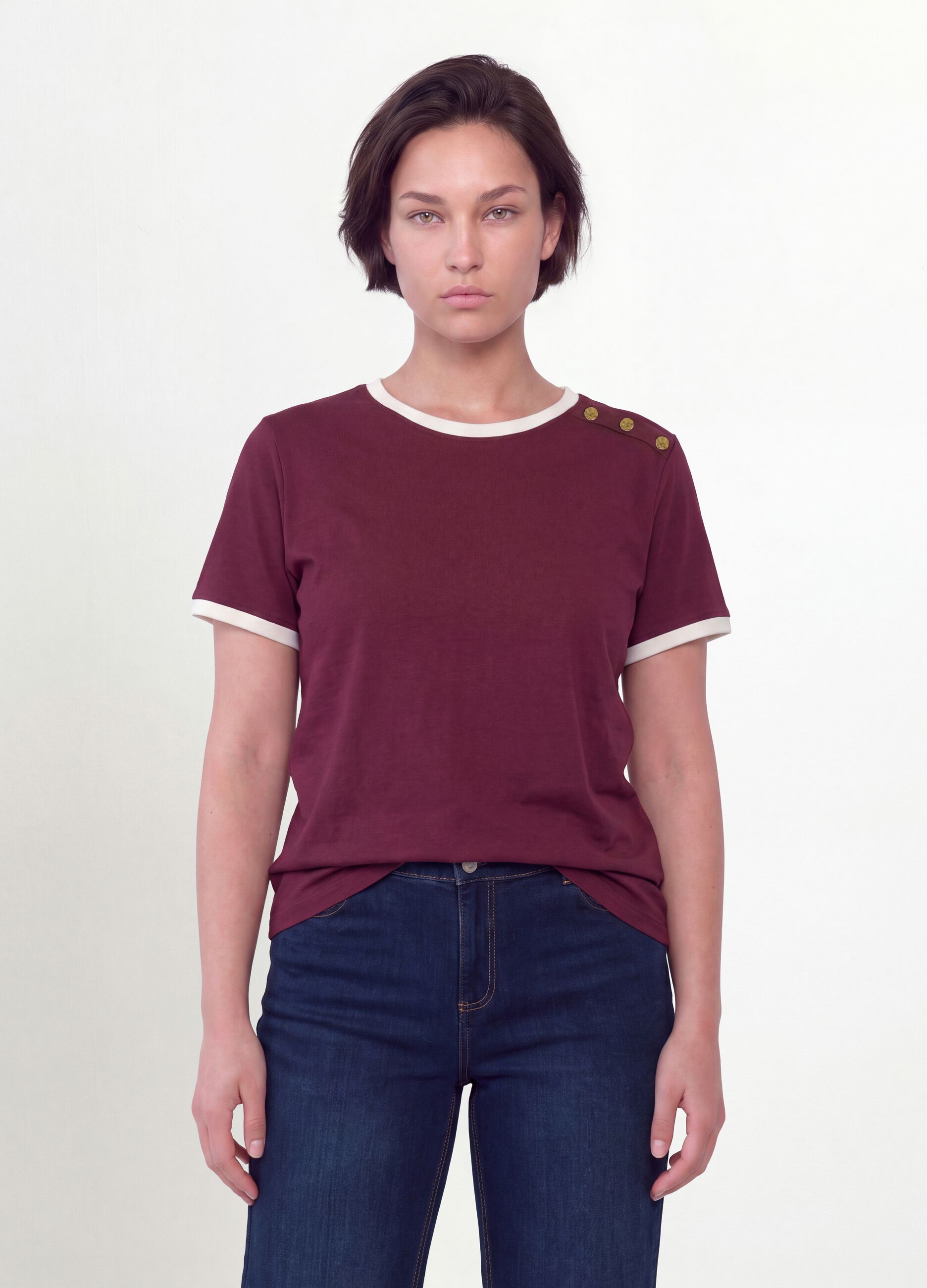 Red pure cotton T-shirt with buttons, regular fit