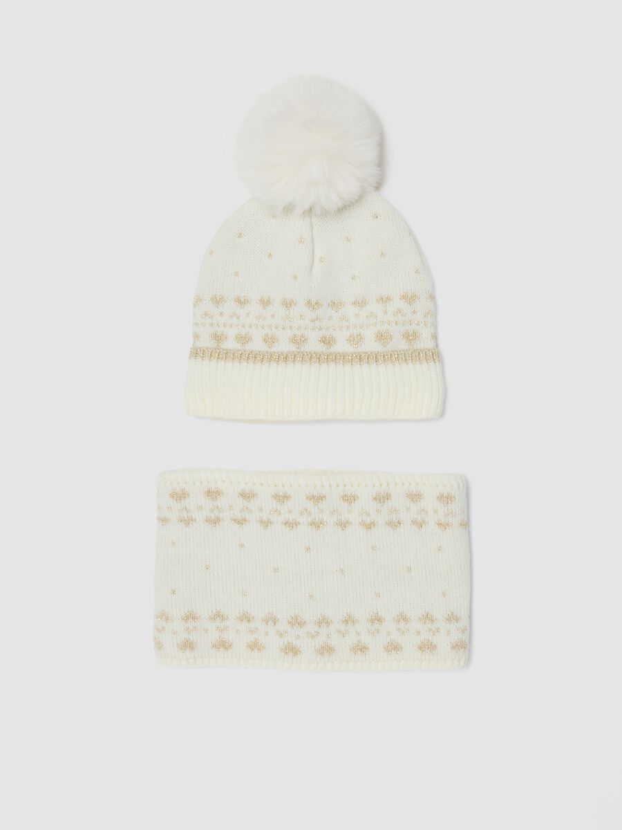 White jacquard hat and snood set_0