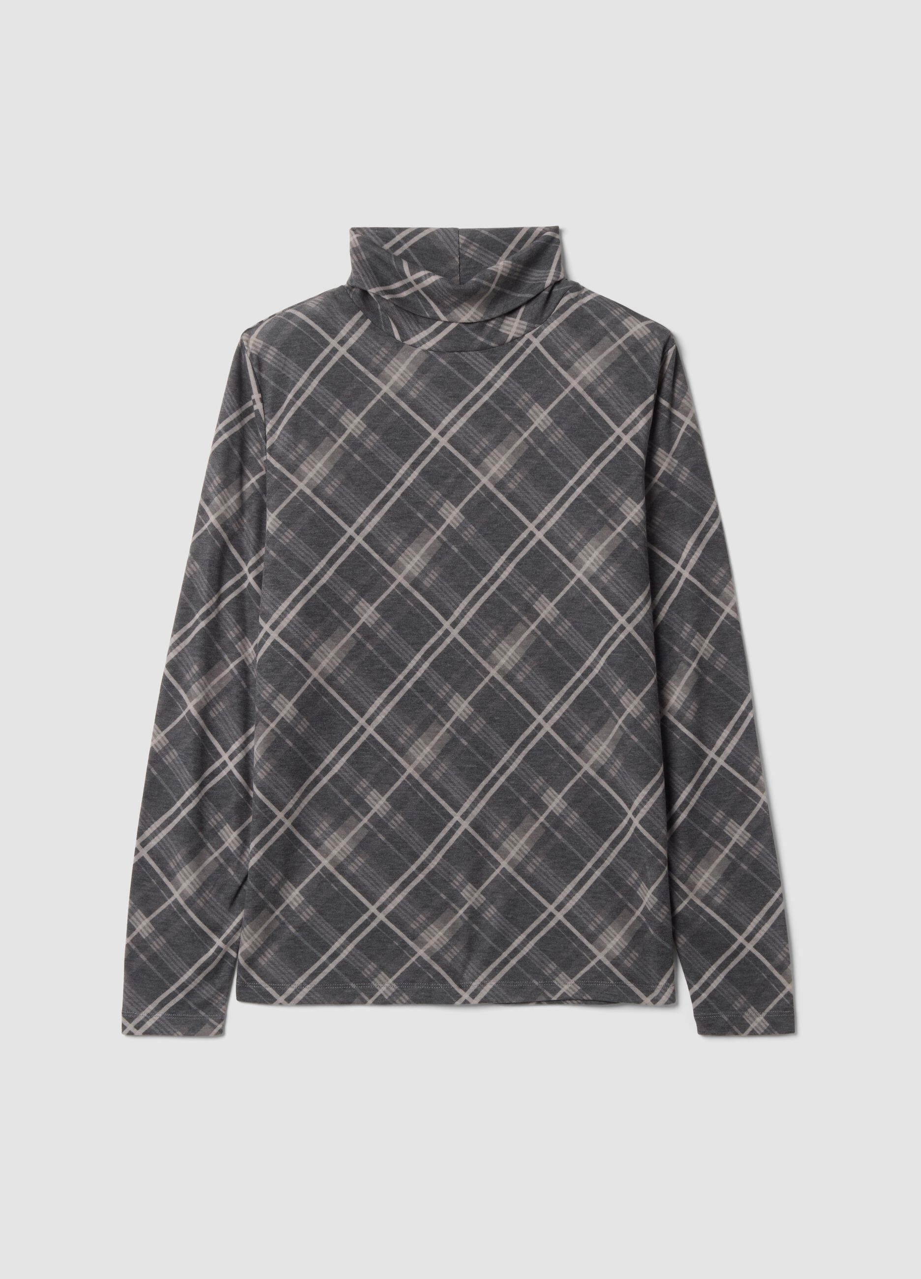 Grey lyocell-blend jumper with check roll neck, regular fit