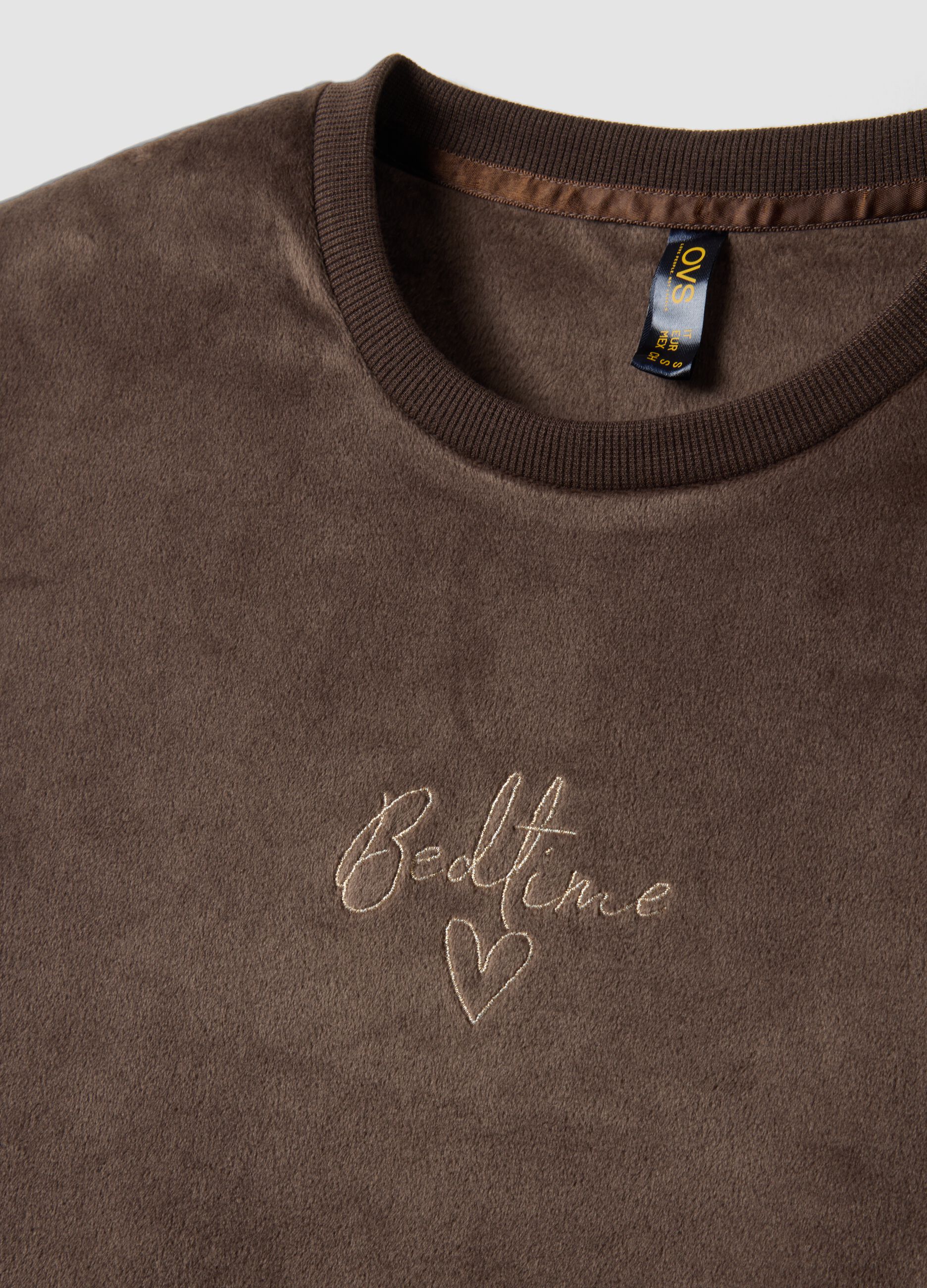 Brown chenille stretch pyjama top with crew neck