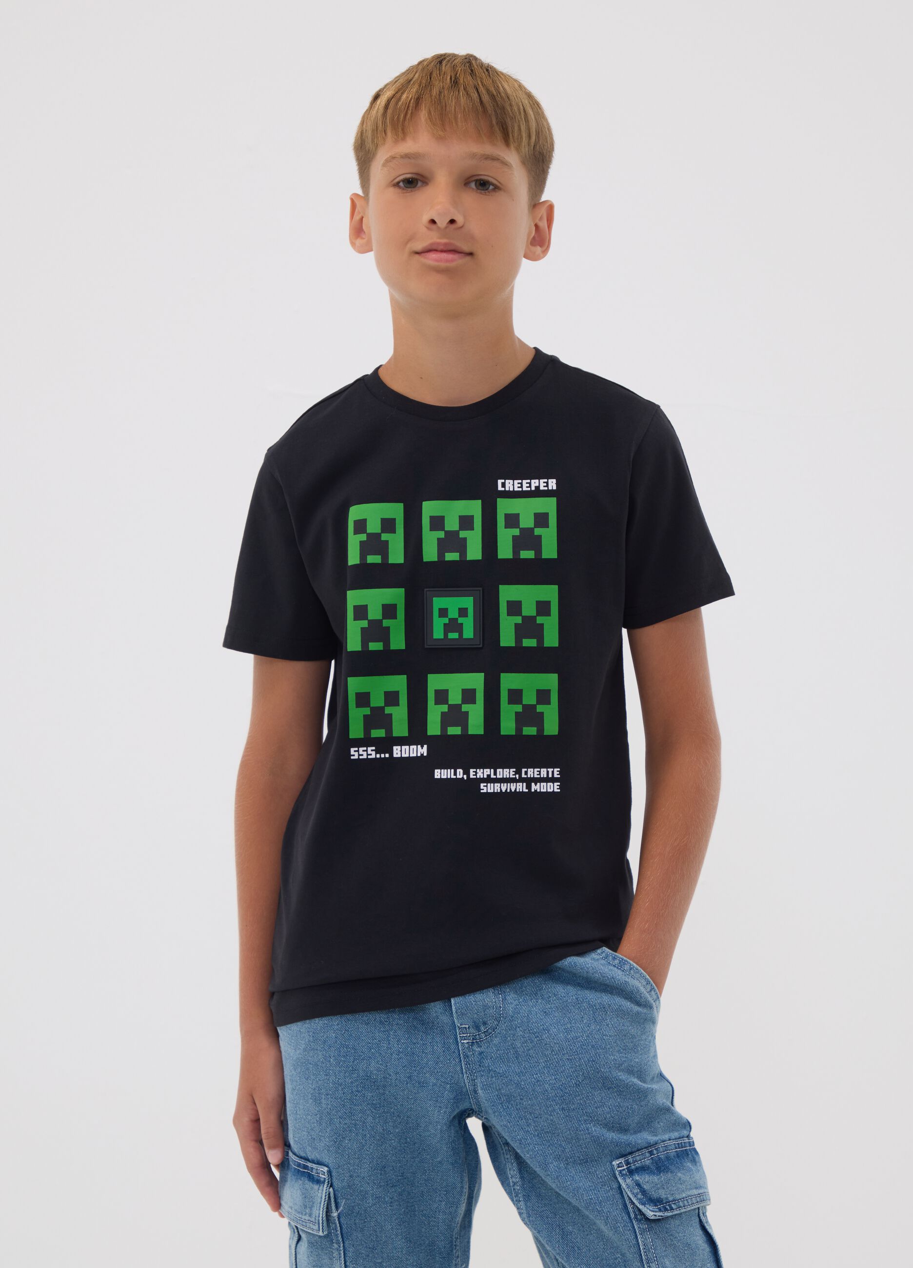 Black pure cotton Minecraft print T-shirt for boys