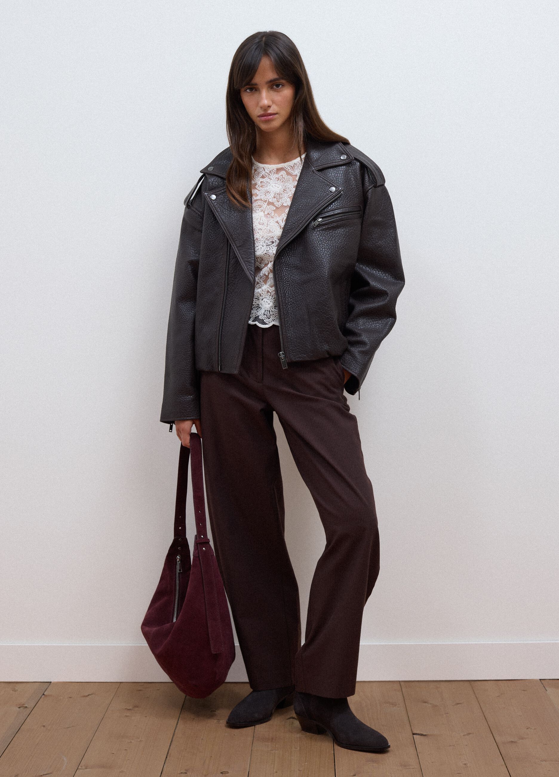Brown oversized genuine leather biker jacket