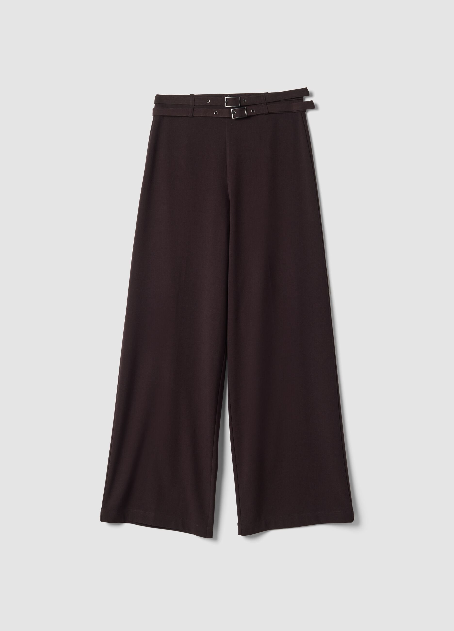 Brown stretch-viscose tailored trousers with belt