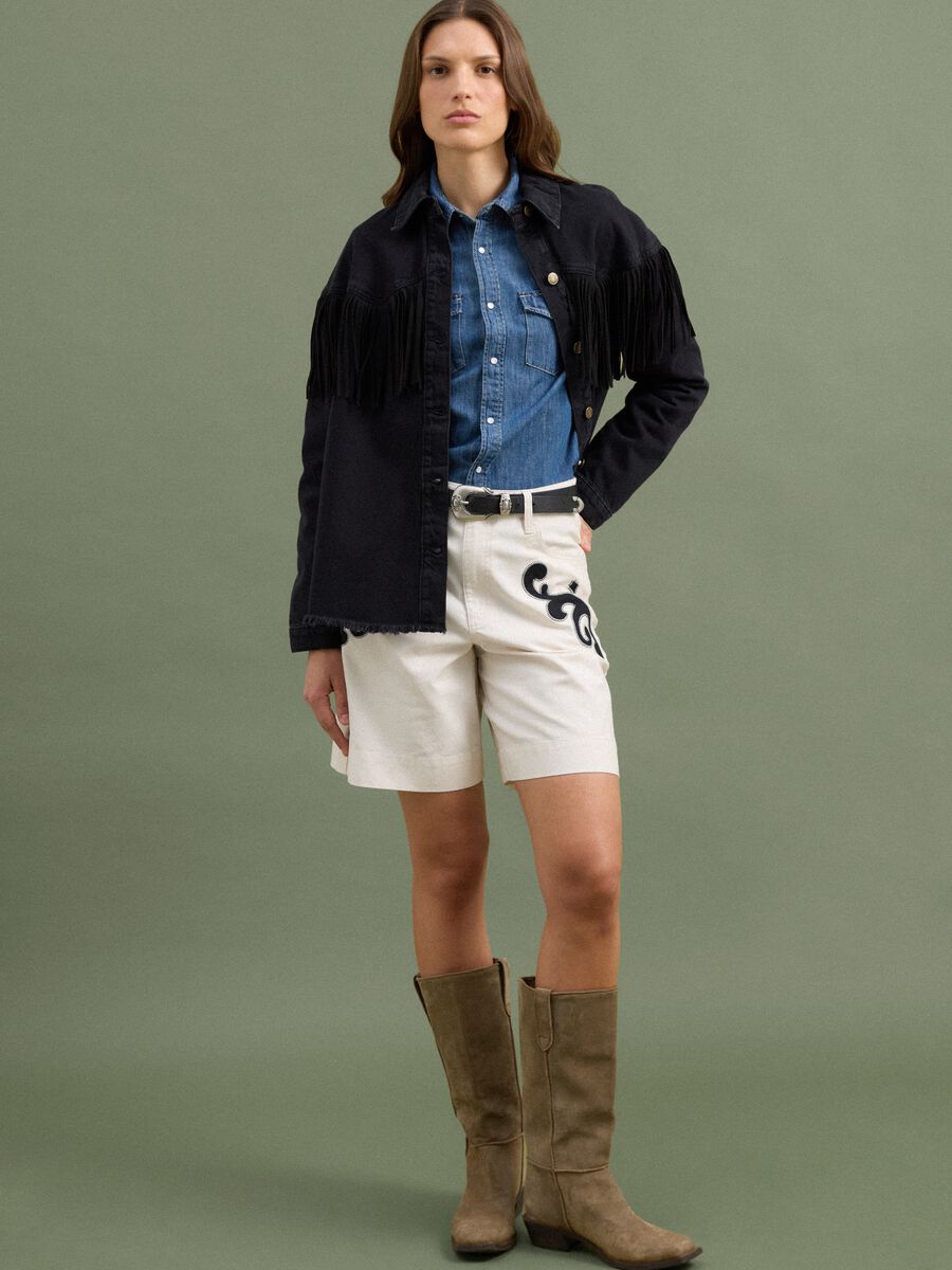 Giacca nera in denim di puro cotone con frange_1