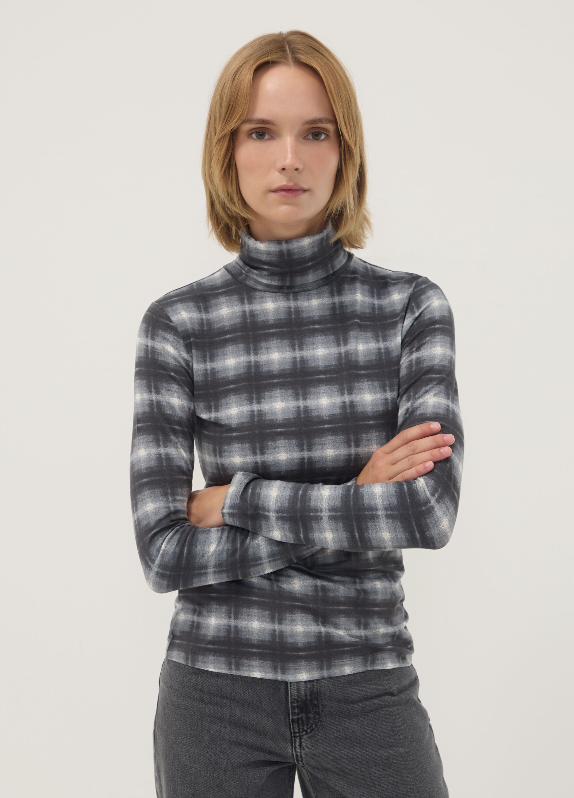 Grey stretch viscose crew-neck T-shirt