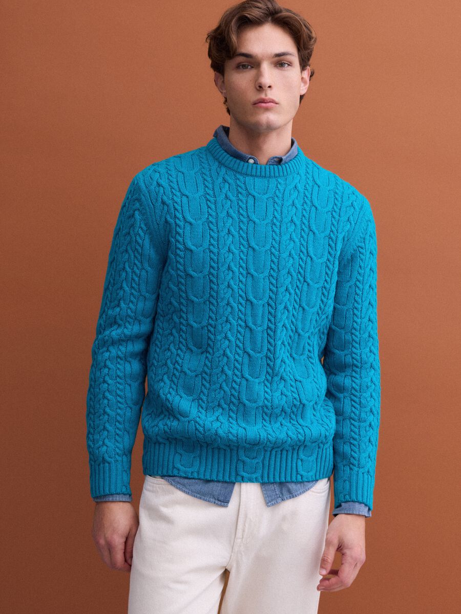 Blue crew-neck wool-blend jumper with jacquard knit_0