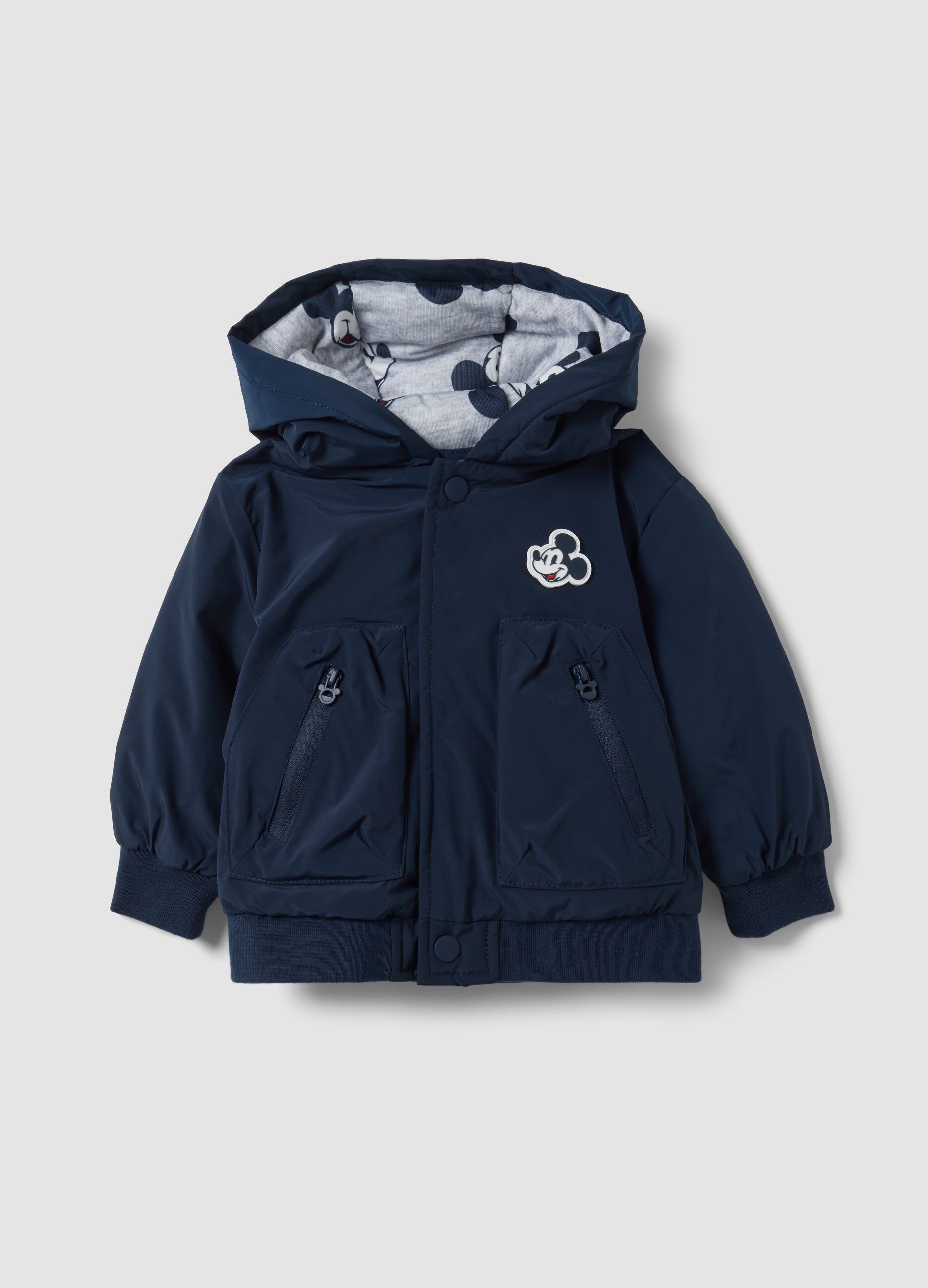 Blue padded hooded jacket with Mickey print for boys