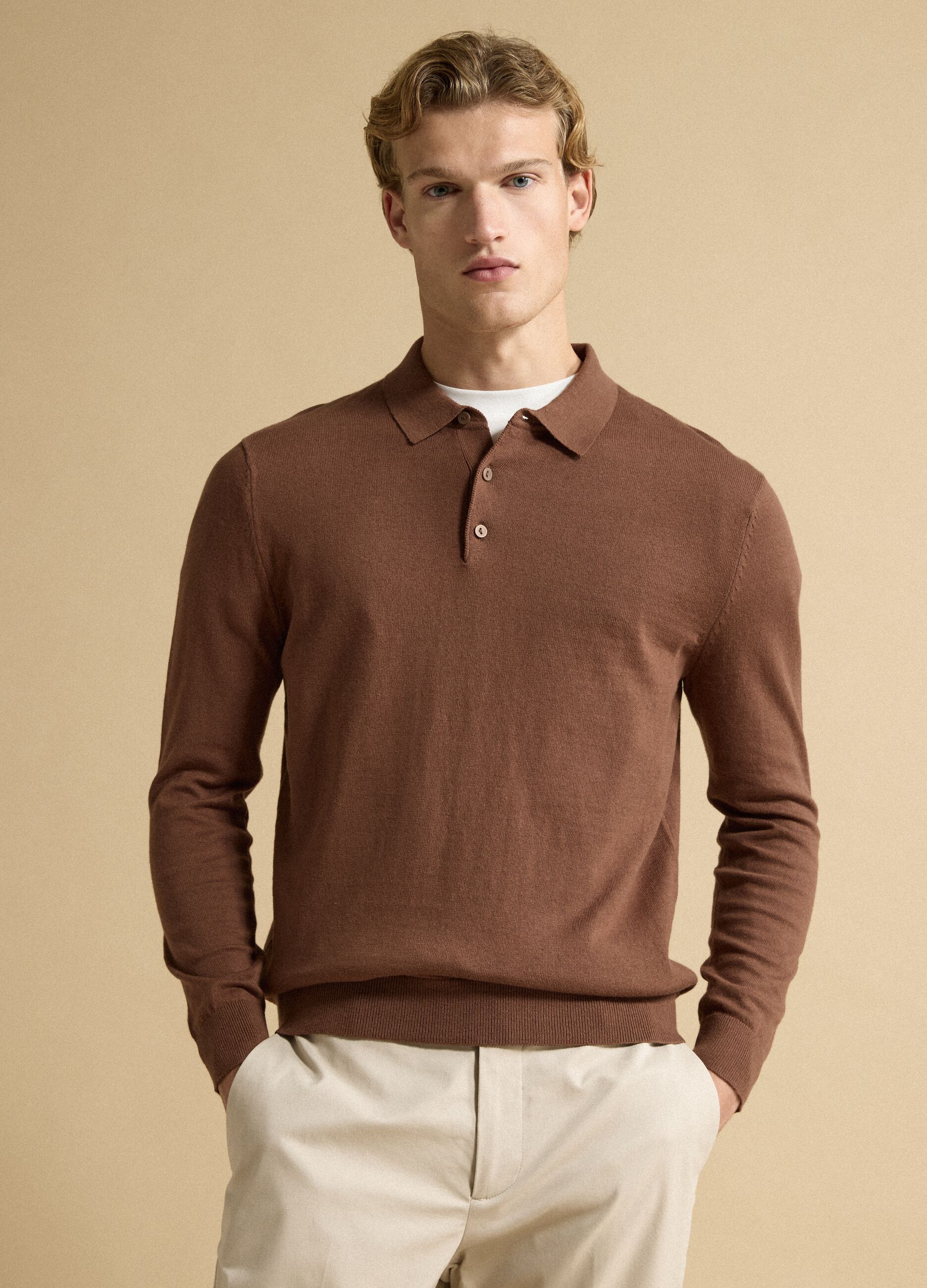 Brown long-sleeve regular-fit cotton and cashmere-blend polo shirt
