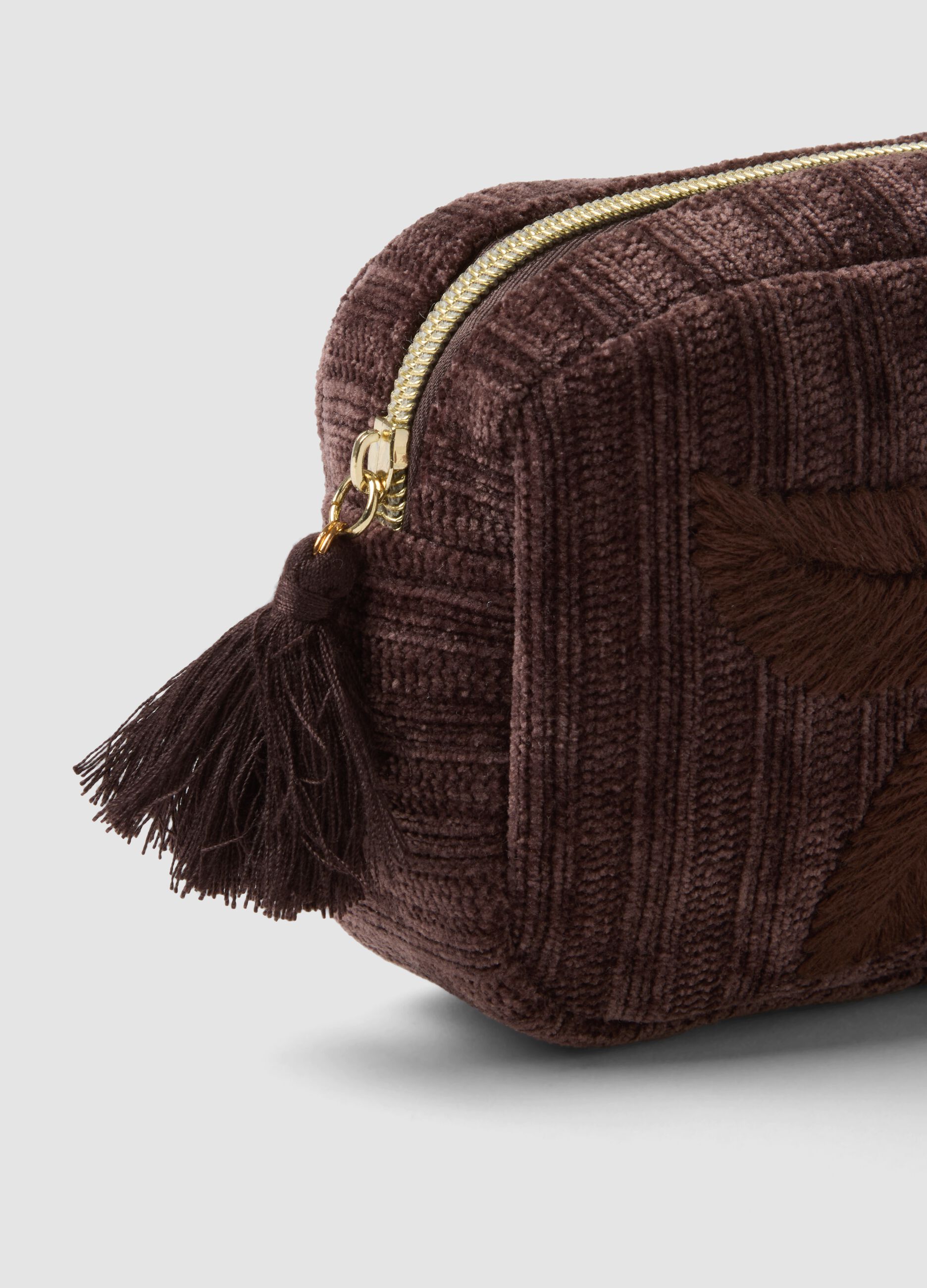 Brown make-up bag with floral embroidery and tassel