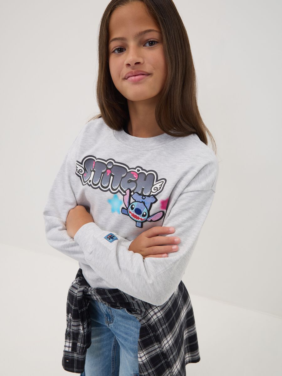 Grey cotton-blend sweatshirt with ribbed neckline and Lilo & Stitch print_1