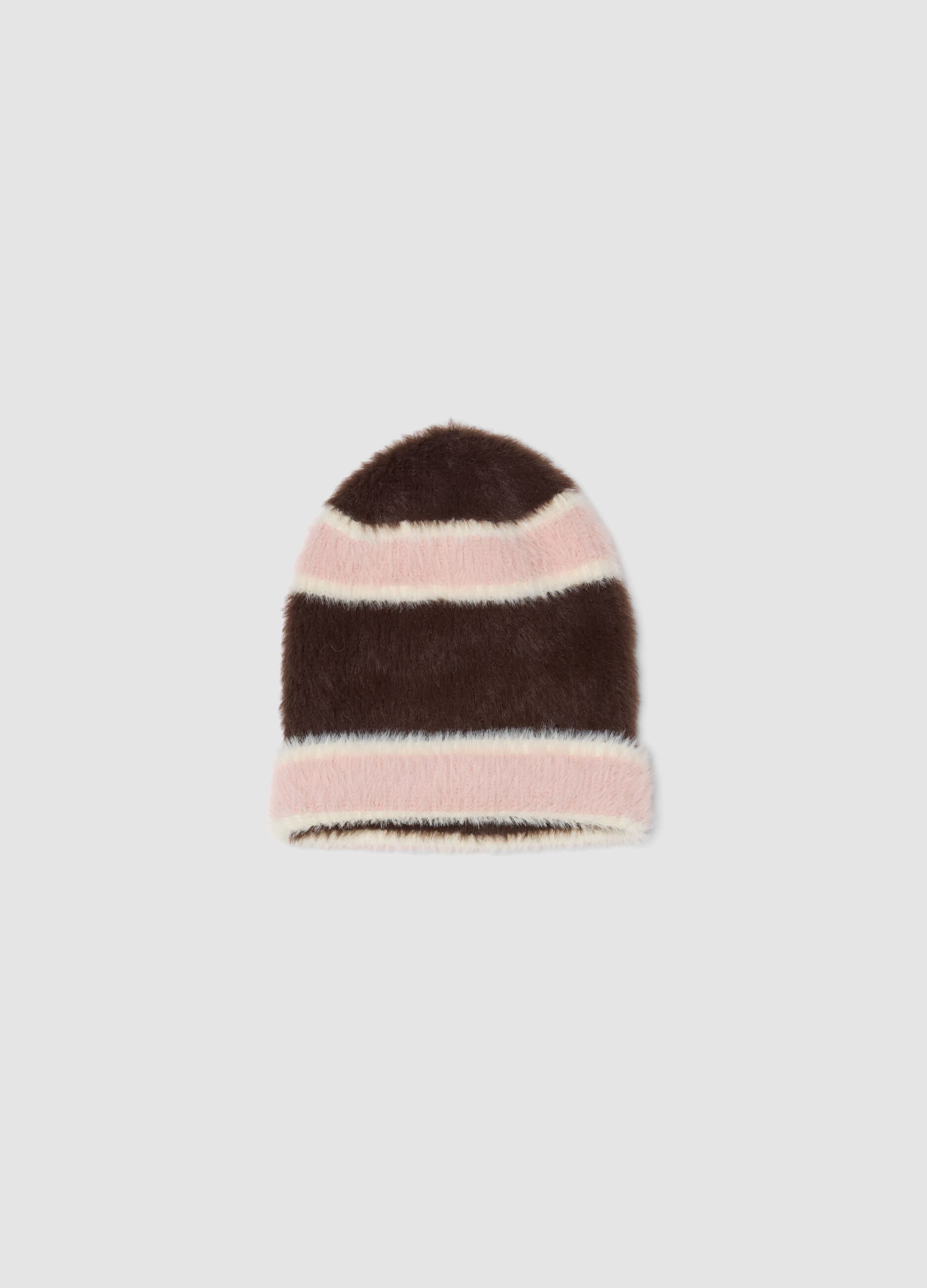 Brown and pink striped viscose-blend hat