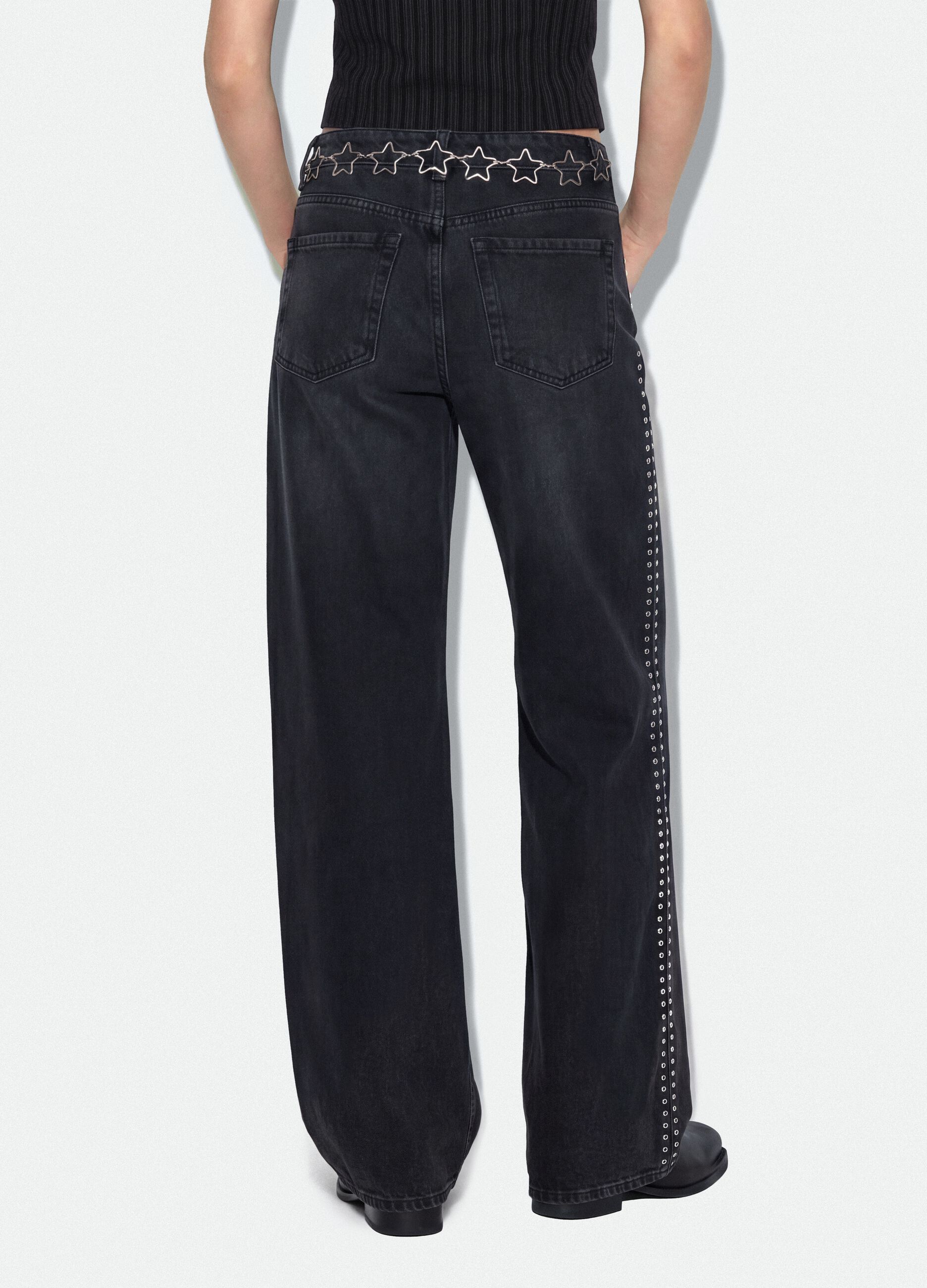 Black pure cotton wide-leg jeans with studs
